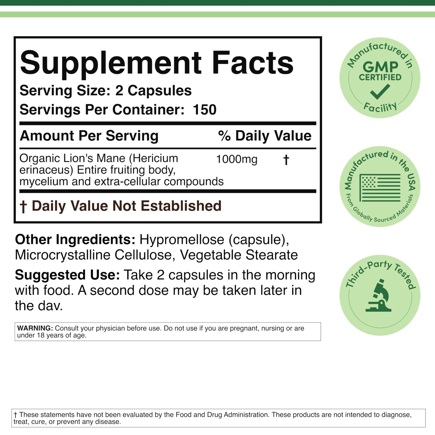 Double Wood Supplements Organic Lions Mane Mushroom Capsules, 300 Count