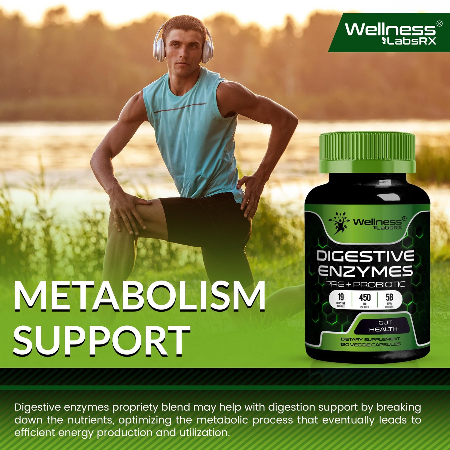 WELLNESS LABSRX Digestive Enzymes with Probiotics and Prebiotics, 450mg, 5 Billion CFUs Capsules 240 Count