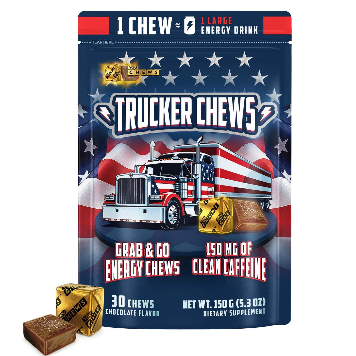 YouChews Trucker Chews Energy Bites Chews, 150mg Caffeine, No Jitters, 30 Count