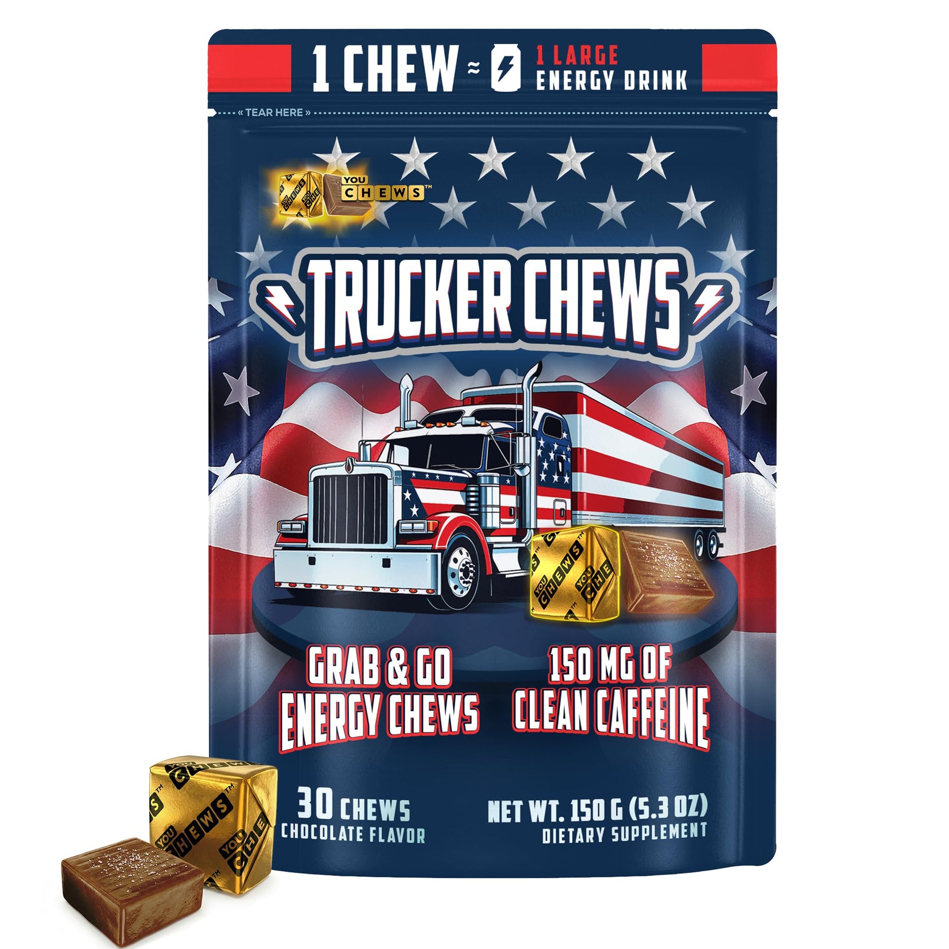 YouChews Trucker Chews Energy Bites Chews, 150mg Caffeine, No Jitters, 30 Count