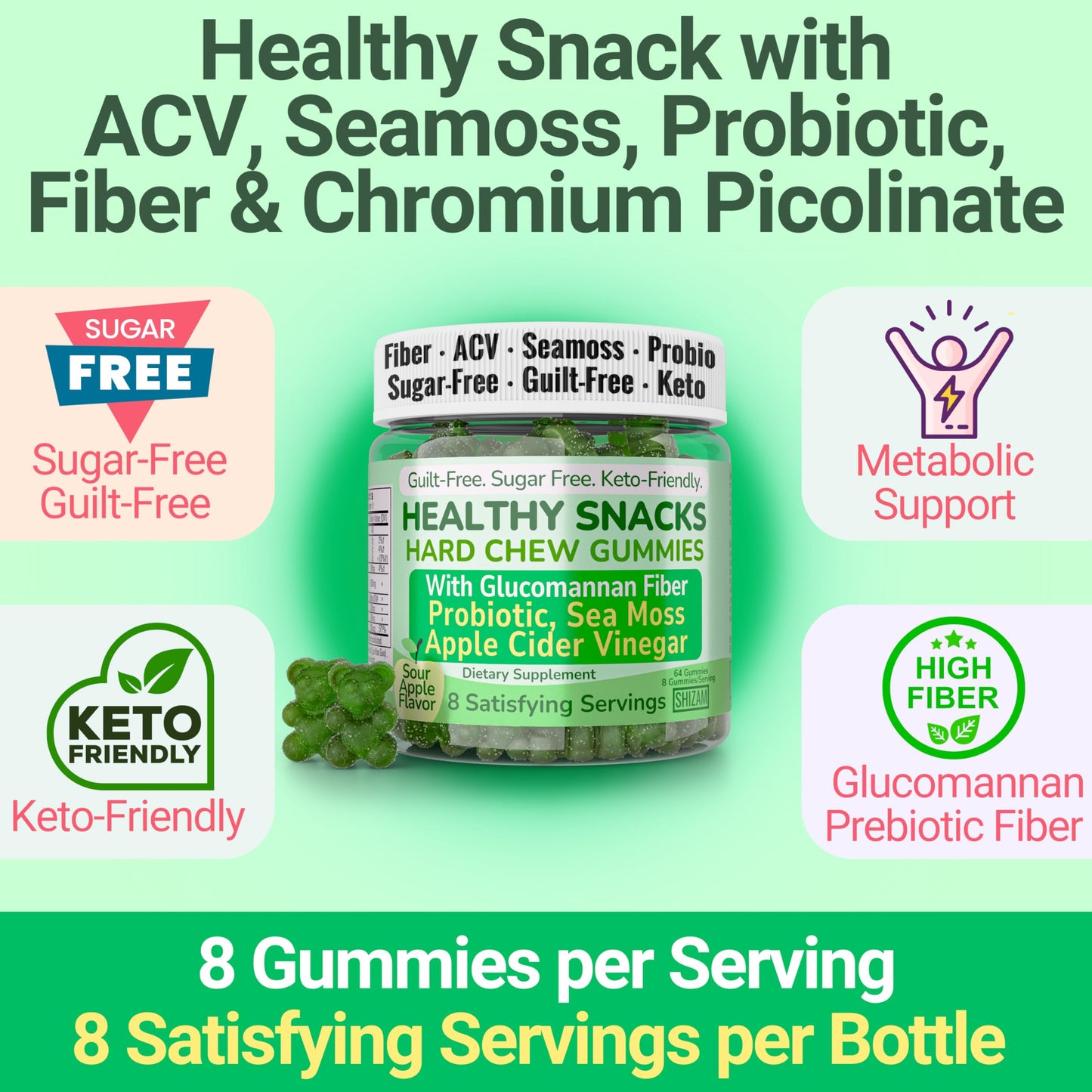 SHIZAM High-Fiber Keto Gummies with Chromium Picolinate, Seamoss, Apple Cider Vinegar & Irish Sea Moss, 64 Count