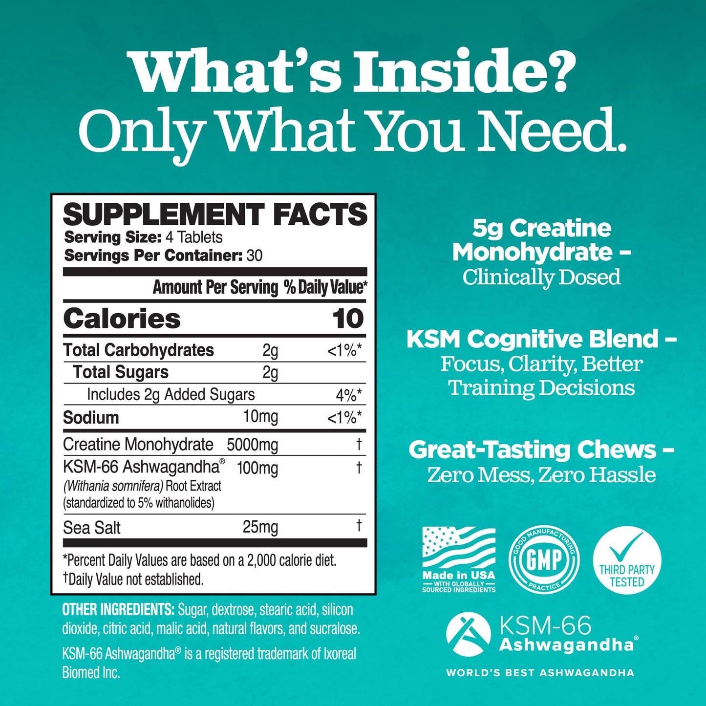 Attain Nutrients Creatine Chews 5000mg Creatine Monohydrate with Ashwagandha KSM-66, Chewable, 30 Count