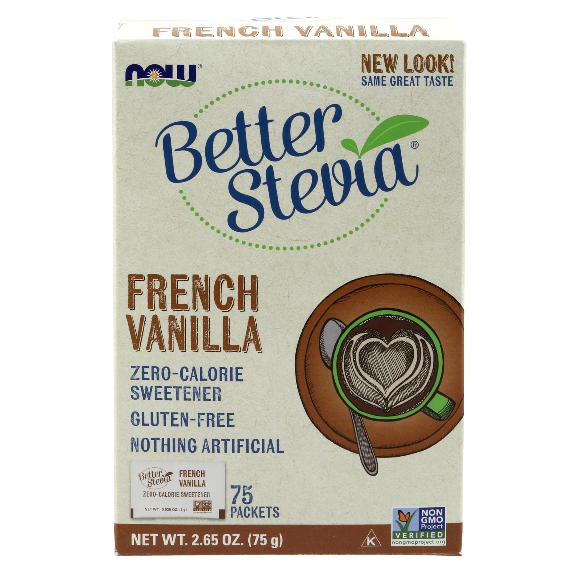 NOW Foods BetterStevia French Vanilla Granulated Packets Zero-Calorie Sweetener Powder, 75 Count