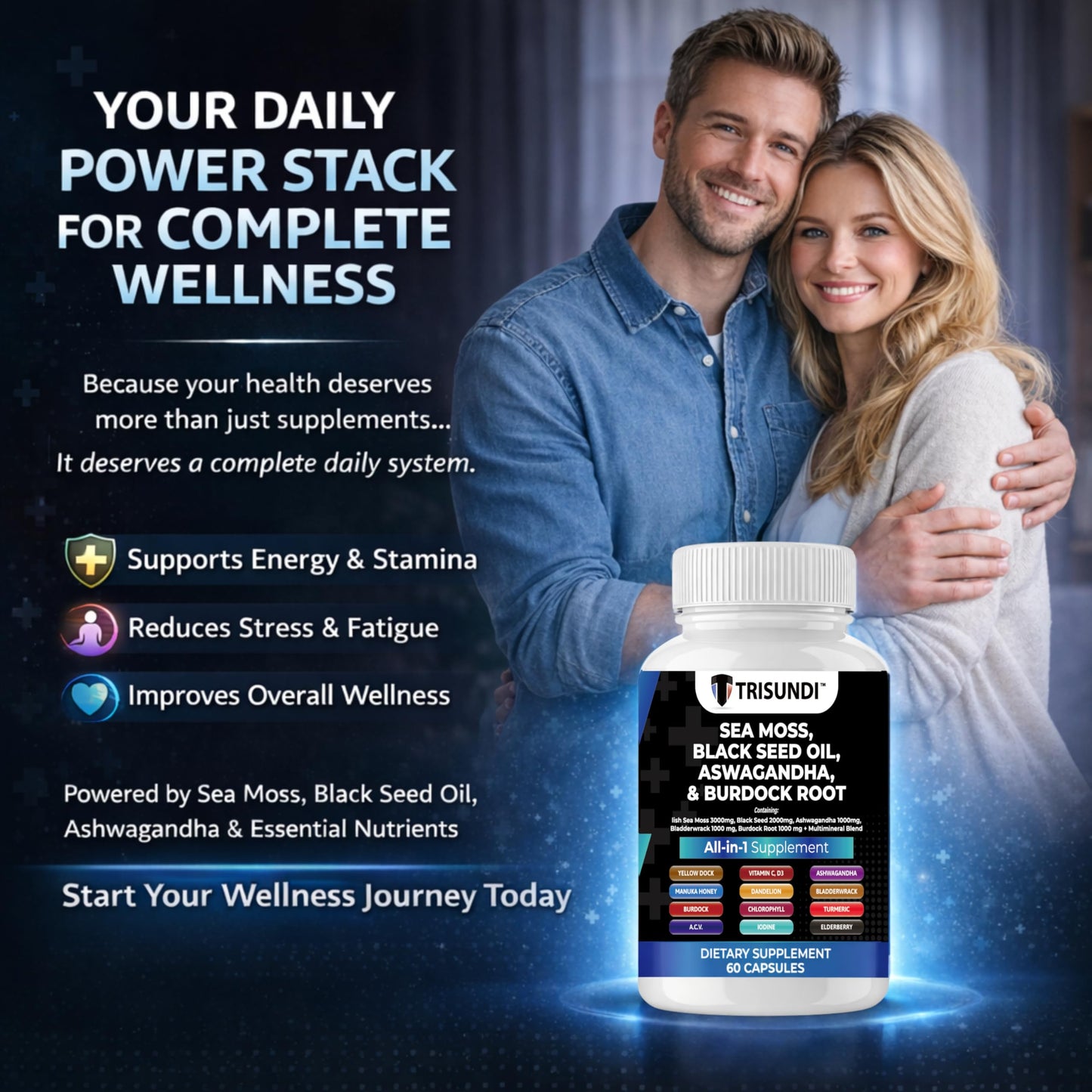 Trisundi Sea Moss Complex with Black Seed Oil, Ashwagandha & Burdock Root All-in-One Herbal Supplement with Vitamins & Minerals, 60 Capsules