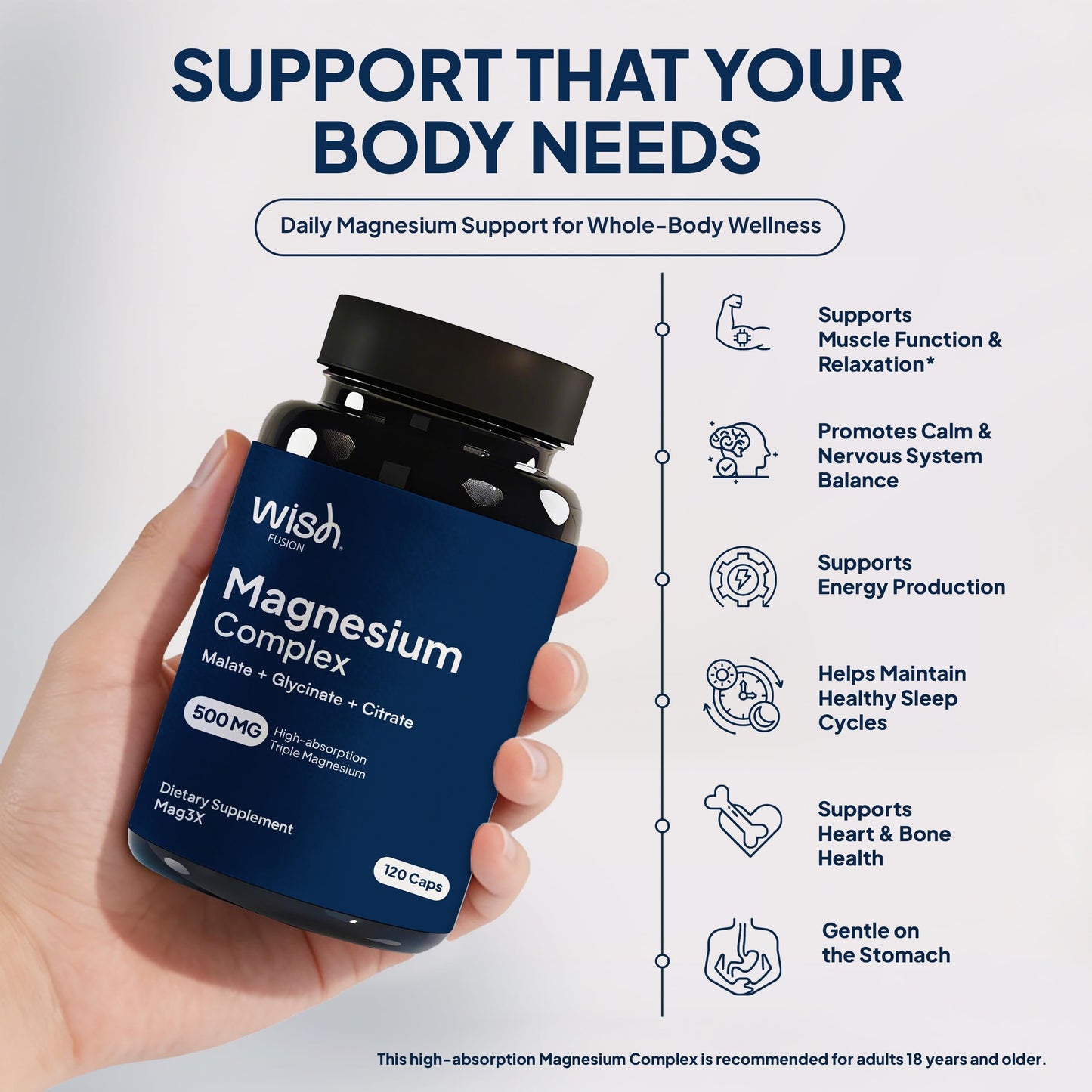 Wish Fusion Triple Magnesium Complex 500mg Magnesium Glycinate, Malate & Citrate Capsules, 120 Capsules