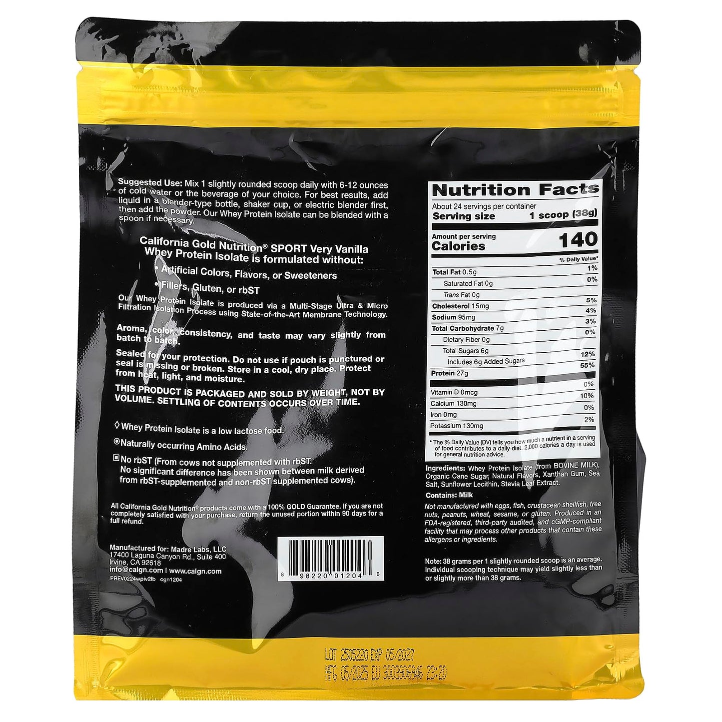 California Gold Nutrition Whey Protein Isolate Powder, Very Vanilla, 32 Servings
