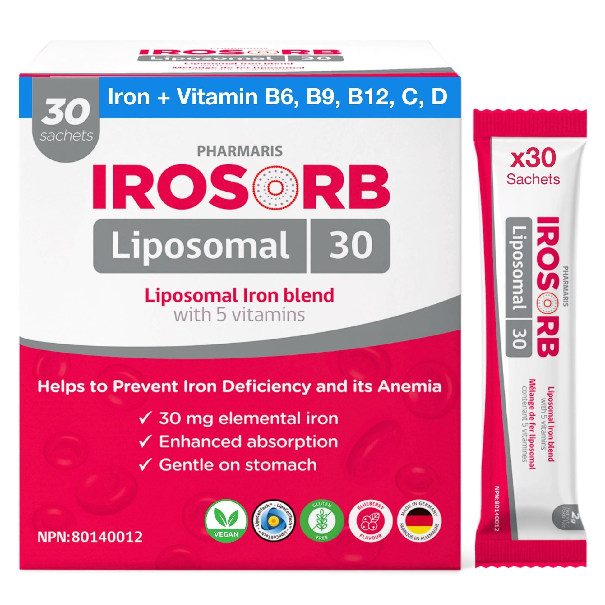 Pharmaris IROSORB Liposomal Iron Supplement, Powder Sachet, 30 Sachets