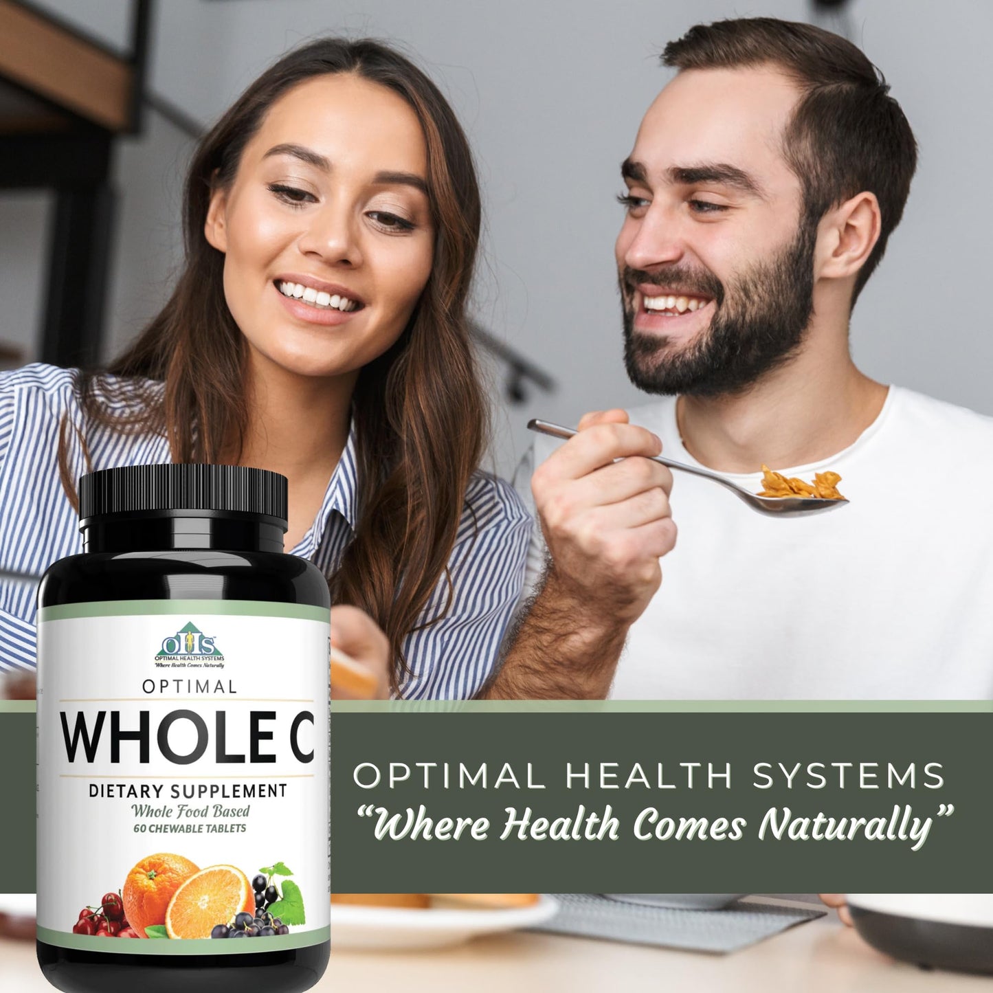 Optimal Health Systems Whole C Chewable Vitamin C from Whole Foods, Acerola Cherry, Orange Fruit, & Black Currant + Bioflavenoids, 60 Tablets