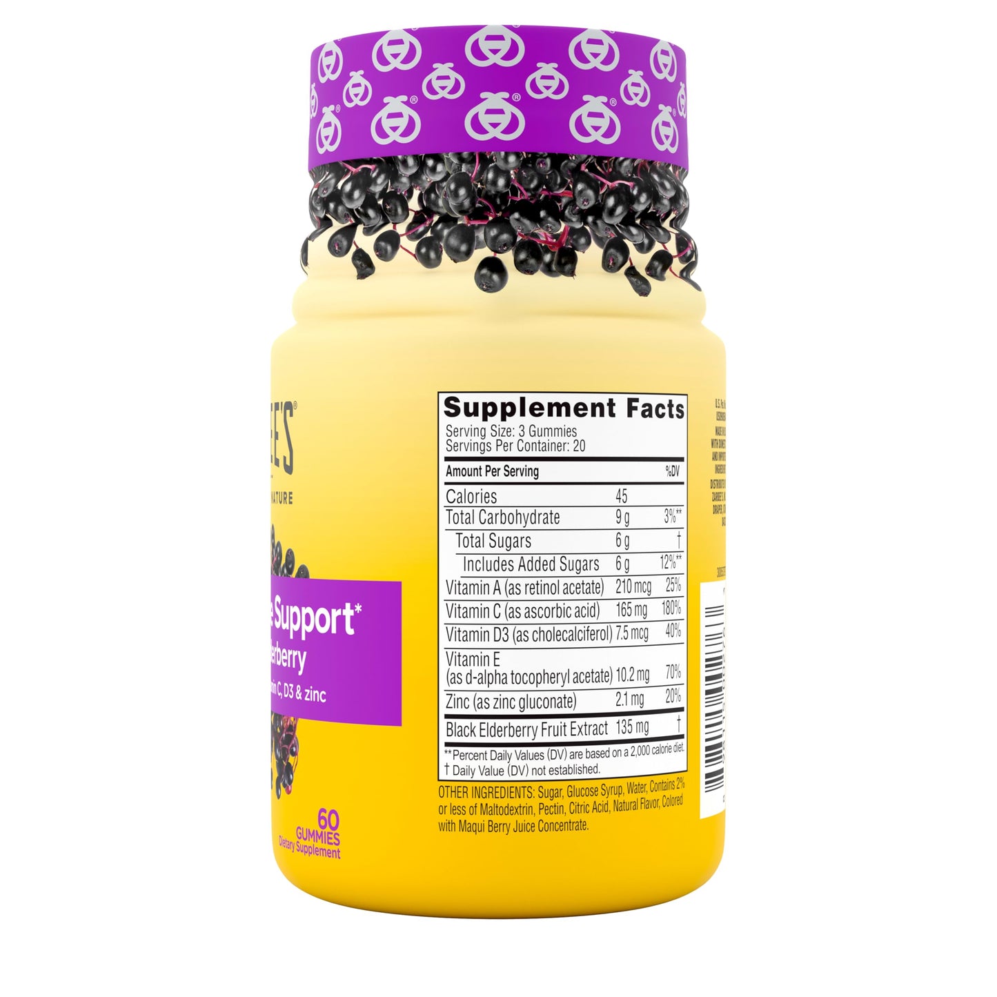 Zarbee's Daily Immune Support Gummies with Real Elderberry, Vitamins A, C, D3, E, Zinc, 60 Count