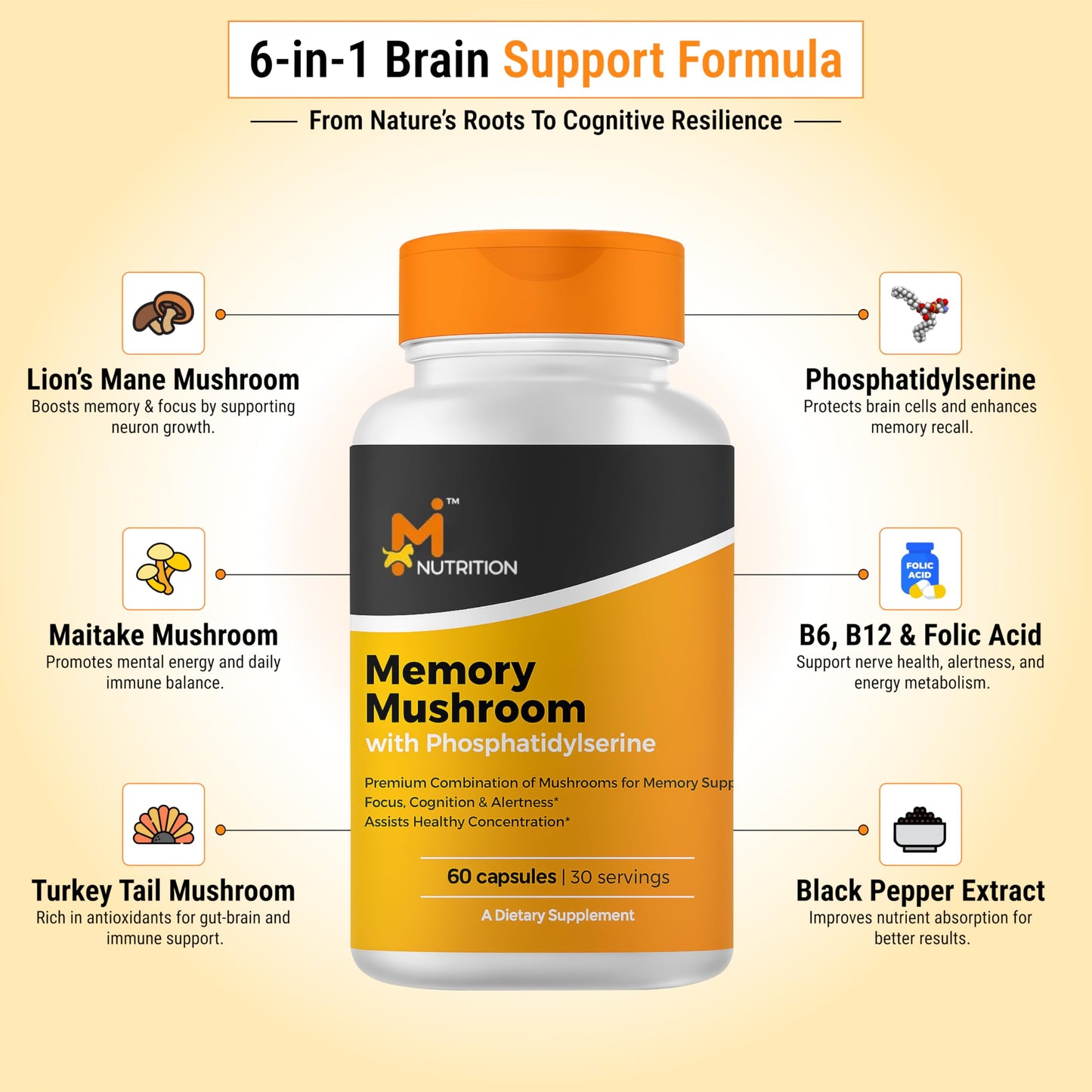 M NUTRITION Memory Mushroom + with Phosphatidylserine, Lions Mane, Turkey Tail, B Vitamins & Black Pepper Brain & Focus Support Supplement, 60 Capsules