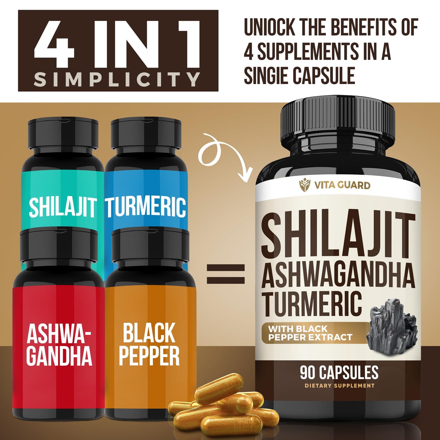 Vita Guard Himalayan Shilajit + Ashwagandha & Turmeric Vegan Capsules, 90 Capsules