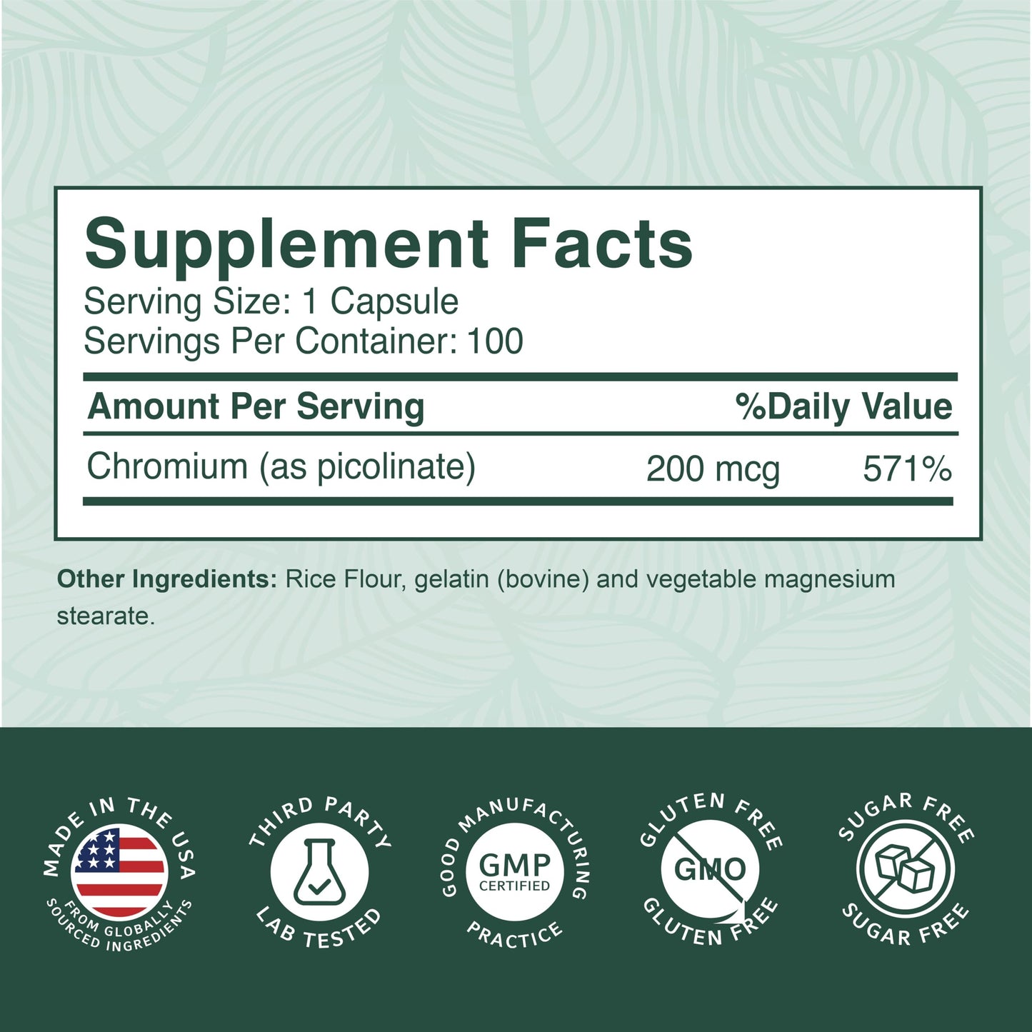 PurePremium Supplements Chromium Picolinate 200mcg Capsules, 100 Count