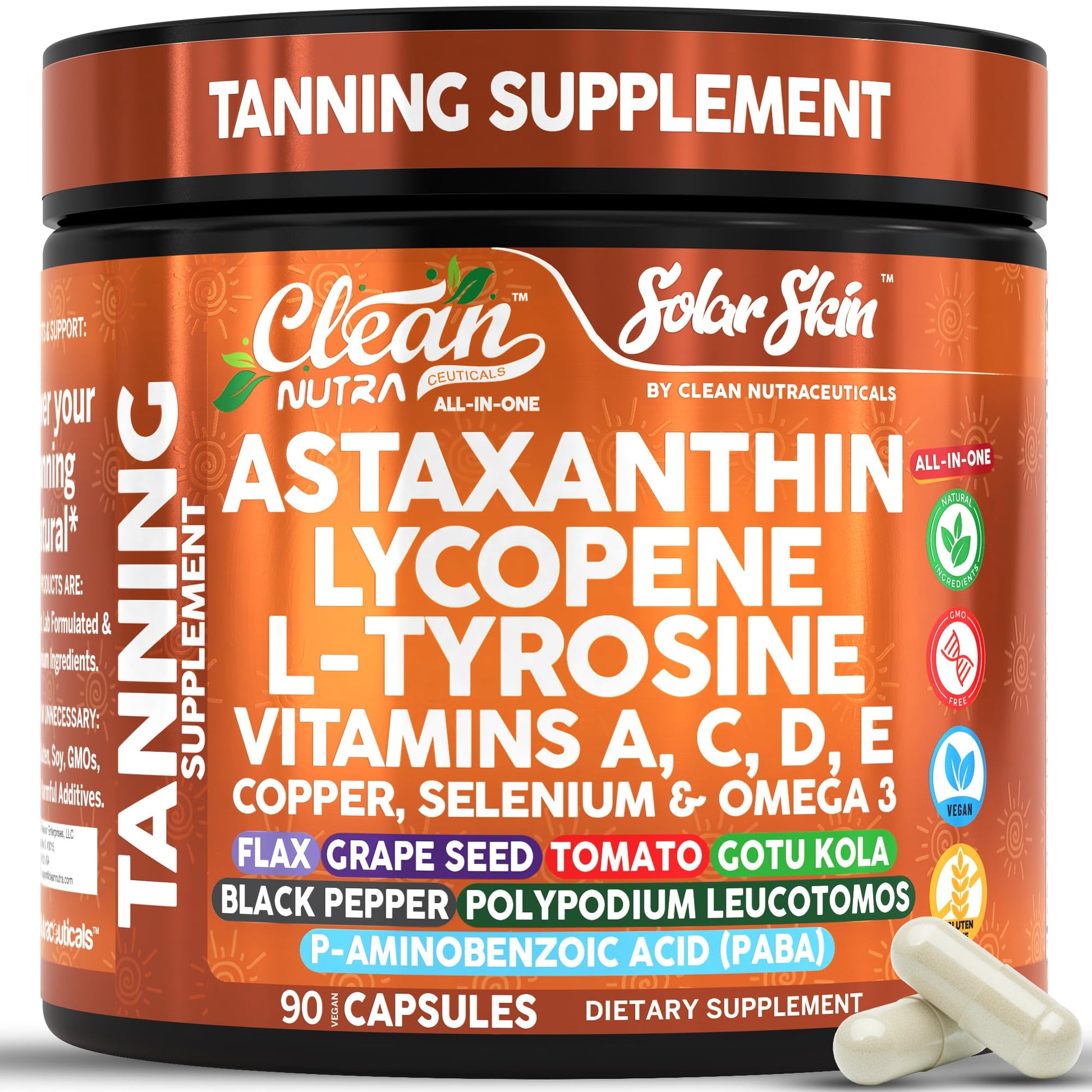 Clean Nutraceuticals Solar Skin Astaxanthin Tanning Supplement Capsules, 90 Capsules