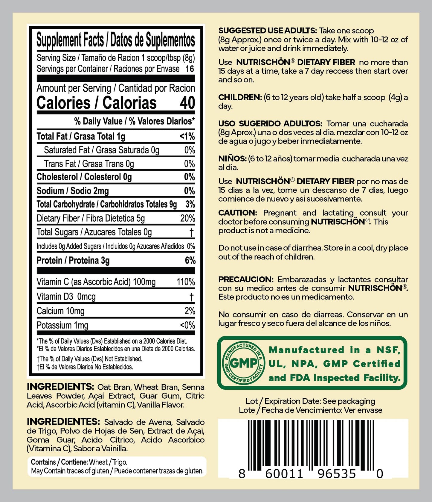 NUTRISCHÖN Dietary Fiber Supplement Powder 4.5 oz