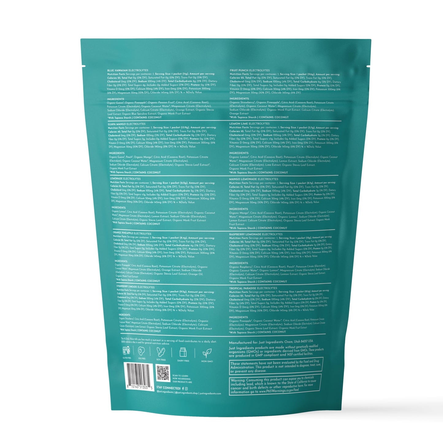 JUST INGREDIENTS Electrolyte Sample Pack Real Fruit 3:1 Potassium No Sugar Powder 5.4
