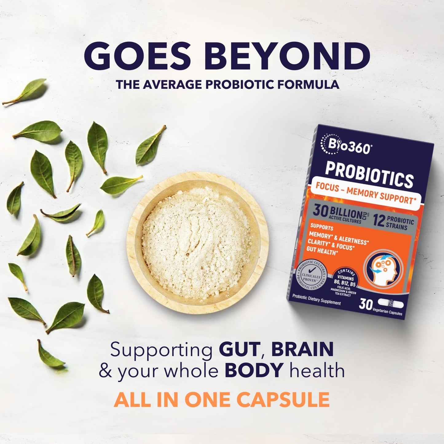 Bio360 Cognitive Support Probiotic for Brain Health, Digestive, Immune Health & Mental Energy, 30 Billion, 12 Probiotics, 25X Green Tea Extract, Magnesium & Vitamin B5, B6 & B12, Capsules, 30