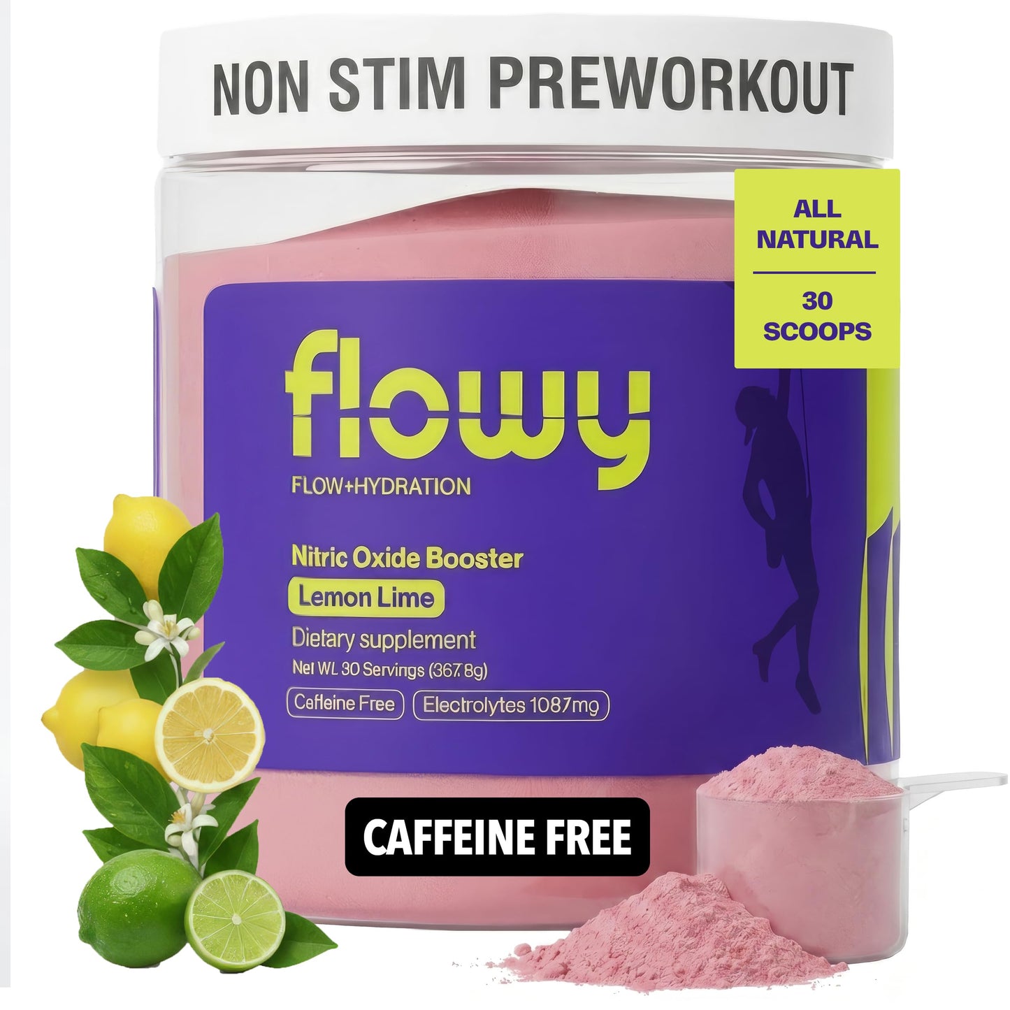 Flowy Stim Free Pre Workout - Non Stim Preworkout for Evening Training, 6000mg L-Citrulline + 1087mg Electrolytes, Caffeine Free Nitric Oxide Booster, Lemon Lime, Powder, 12.61 Ounce