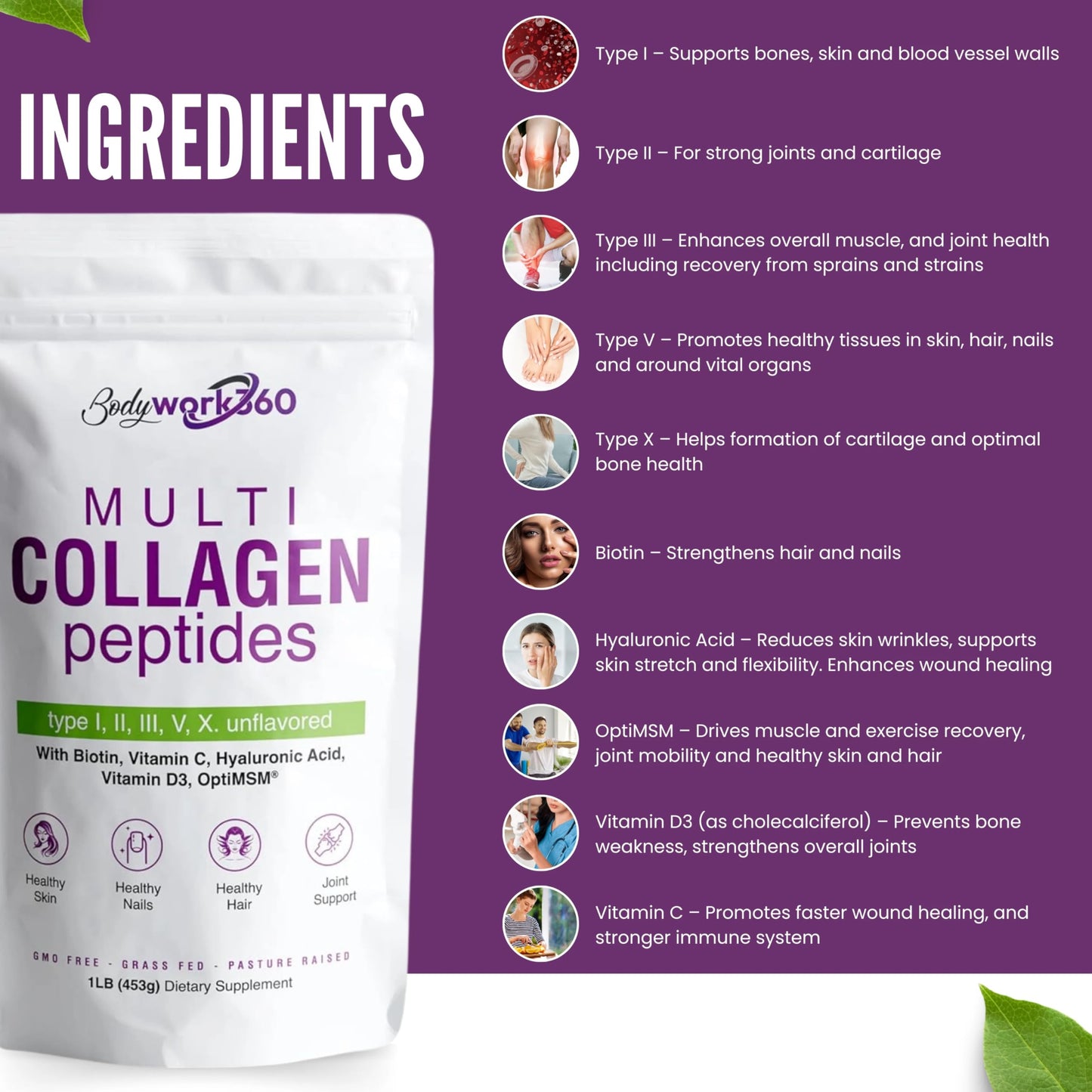 BODYWORK360 Multi Collagen Peptides Powder 16 oz