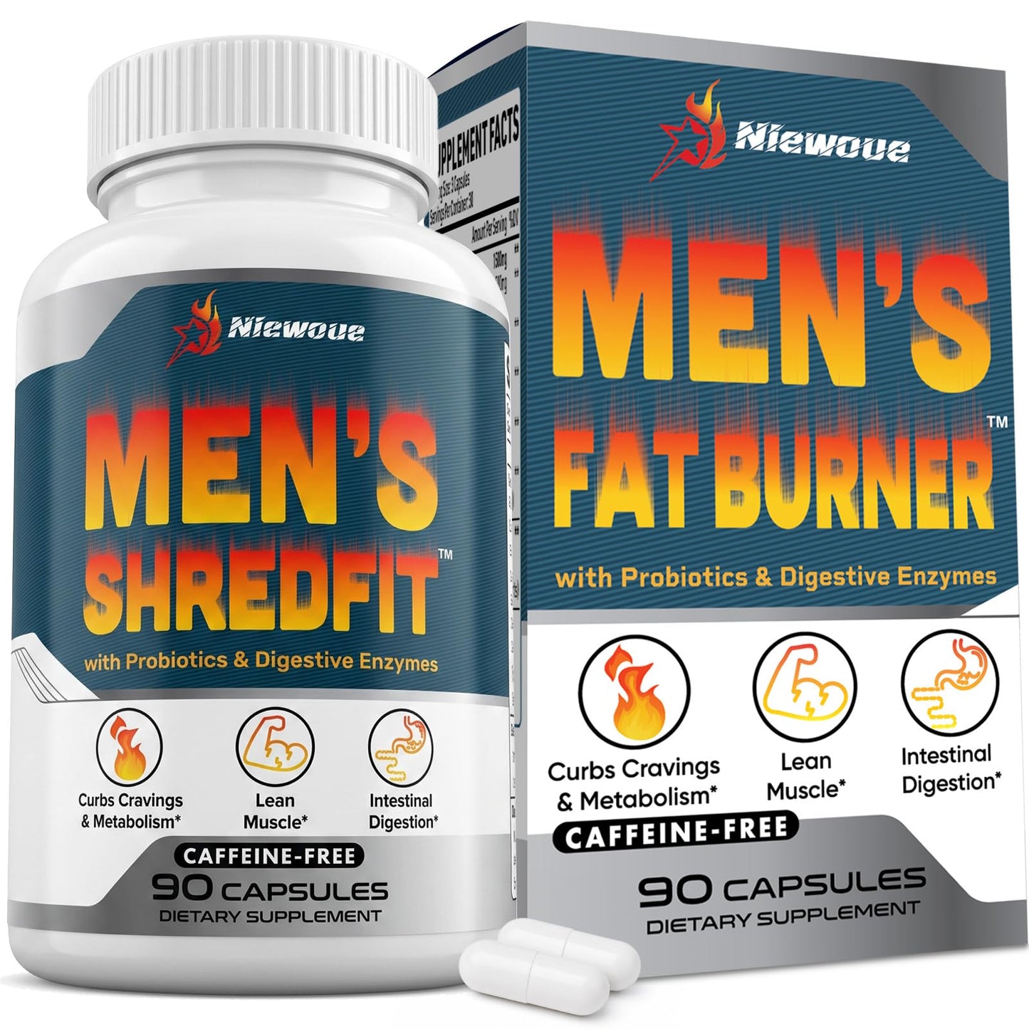 Niewoue Thermogenic Fat Burner for Men, Premium Appetite Suppressant for Weight Loss, Energy & Metabolism Support with Green Tea Extracts, Cayenne Pepper, Caffeine Free Capsules, 90 Count