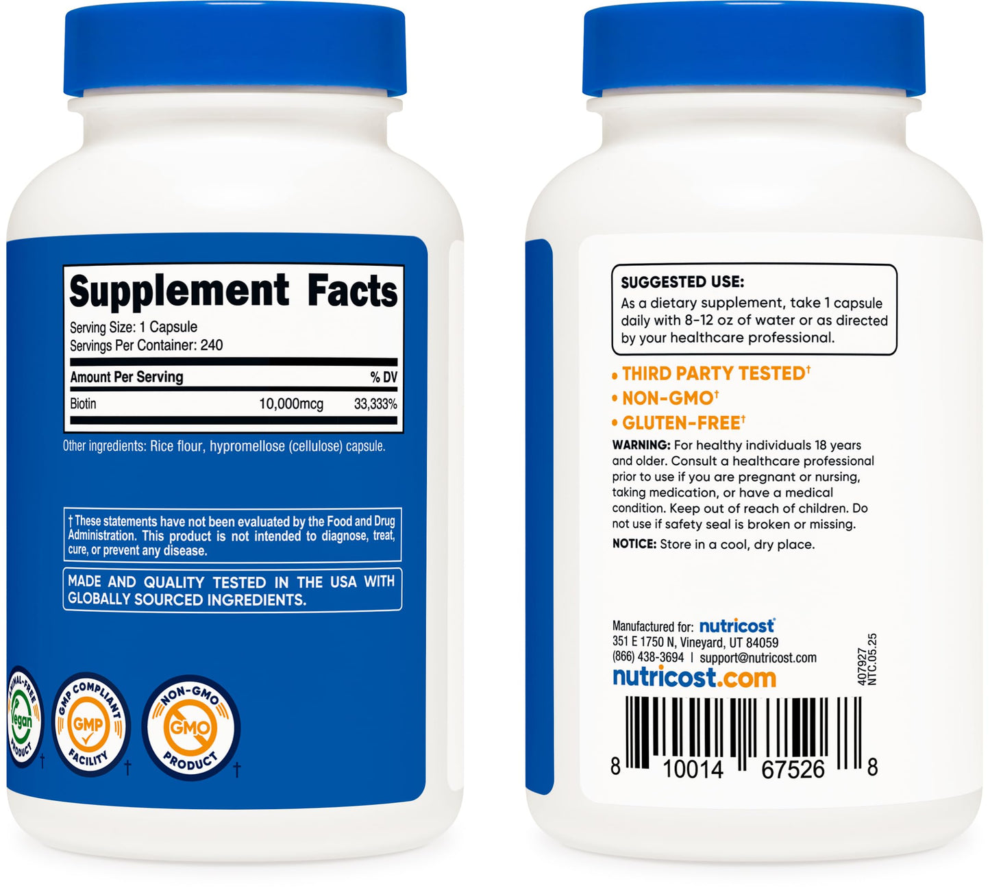 Nutricost Biotin 10,000mcg (10mg) Capsule, 240 Capsules