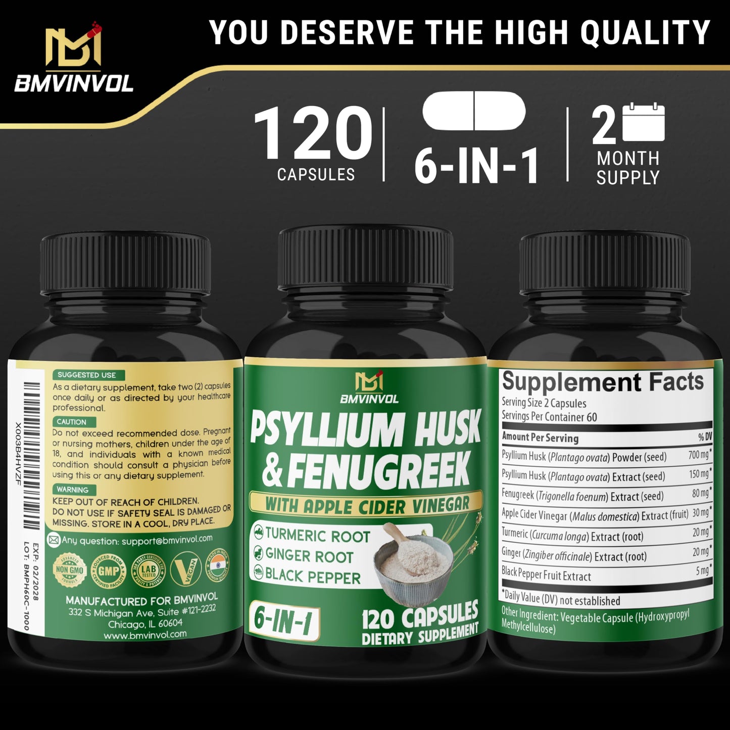BMVINVOL Psyllium Husk Fiber Supplement with Fenugreek, Apple Cider Vinegar, Turmeric, Ginger, Black Pepper 120 Capsules