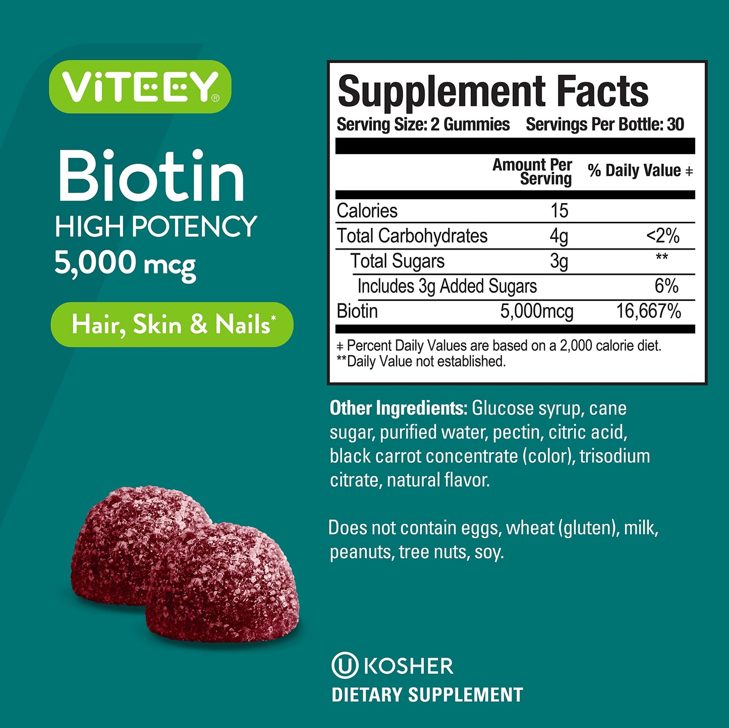 Viteey Biotin Gummies for Hair Skin and Nails 5000 mcg, 120 Count