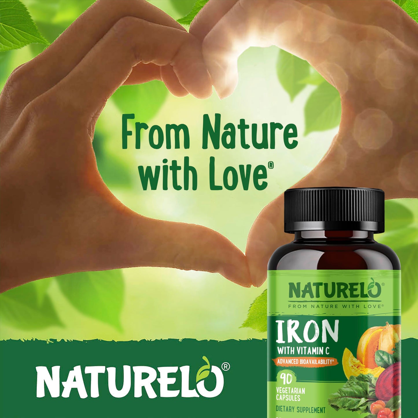 NATURELO Vegan Iron Supplement with Vitamin C and Organic Whole Foods 90 Capsules