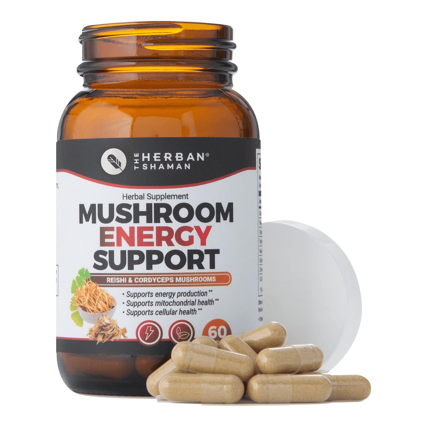 The Herban Shaman Mushroom Supplement Energy Support Capsules, 60 Capsules