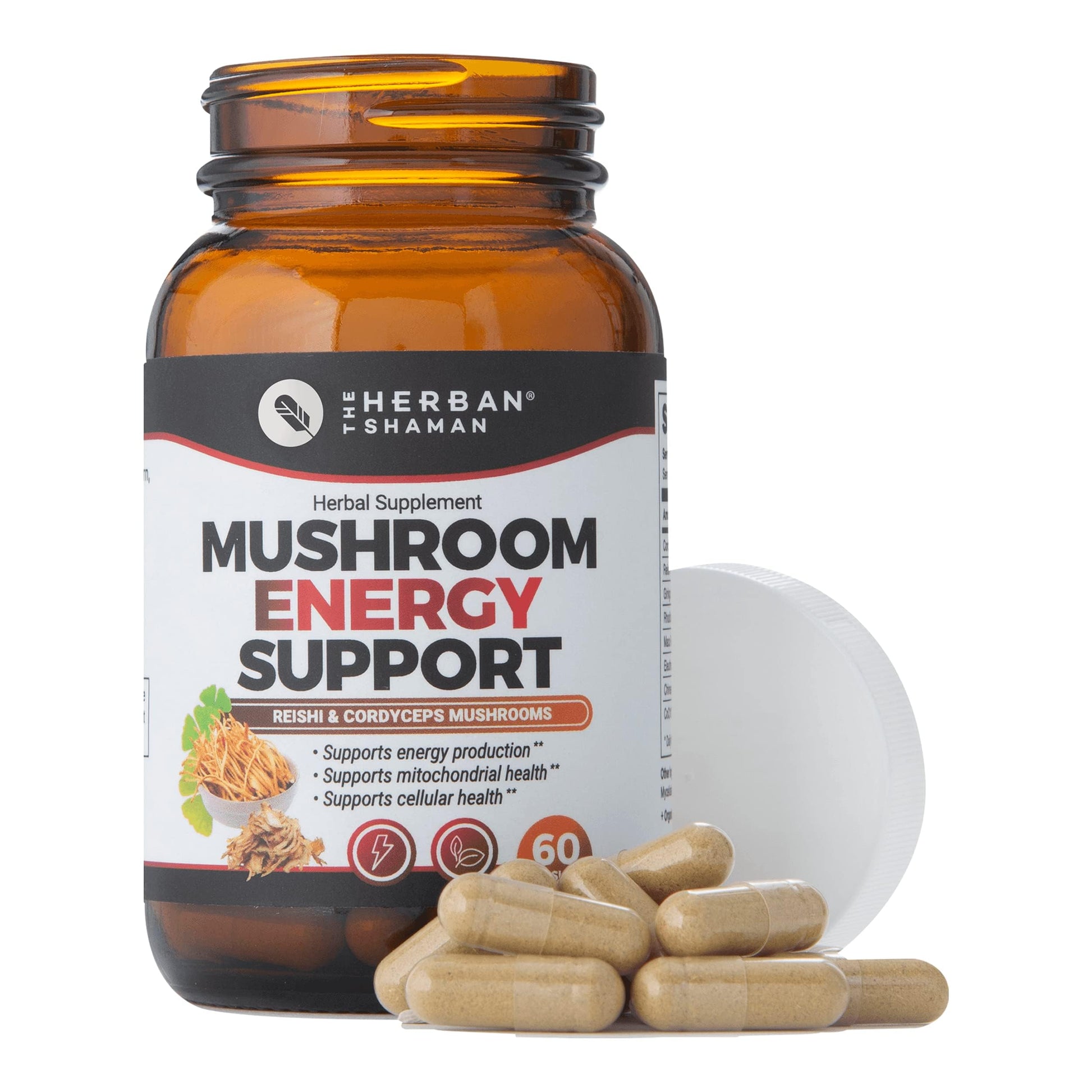 The Herban Shaman Mushroom Supplement Energy Support Capsules, 60 Capsules