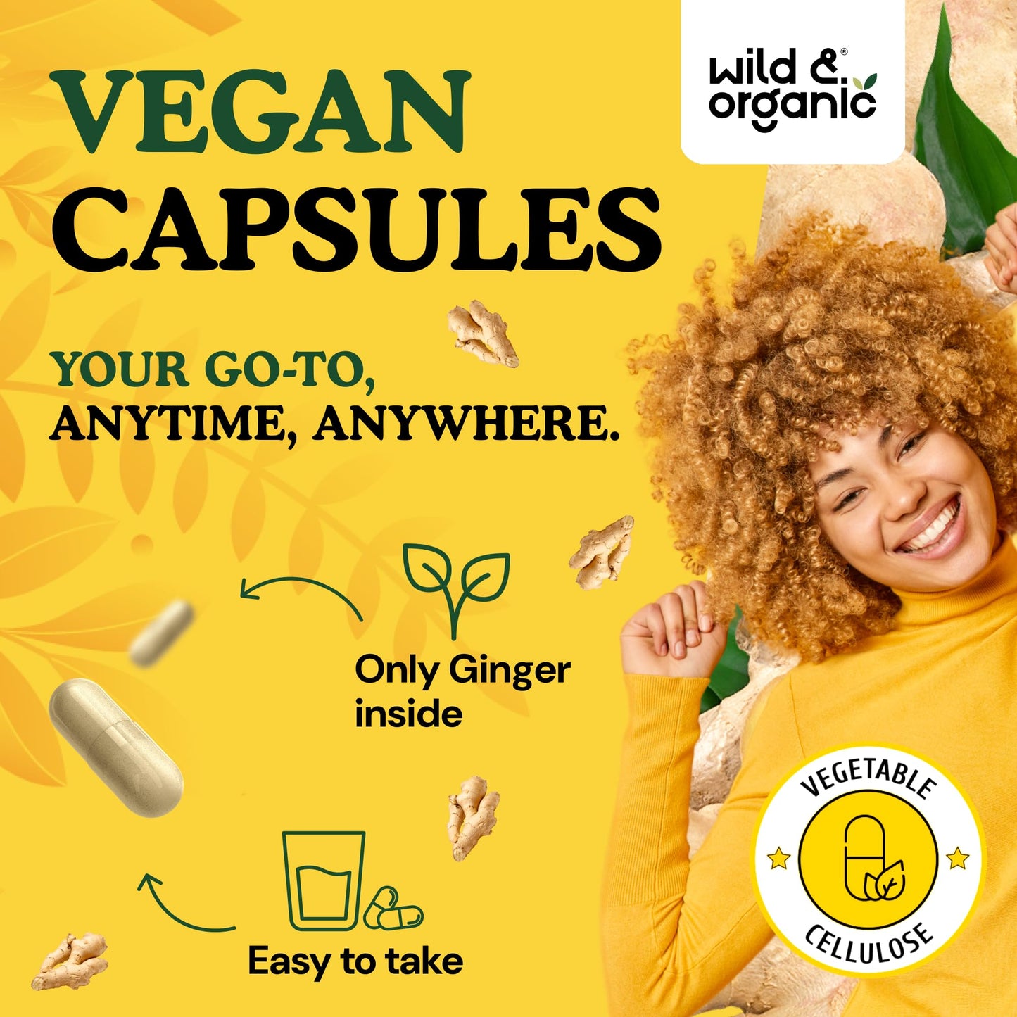 Wild & Organic Ginger Root Capsules 1200 mg - Immune & Digestive Support - 180 Count
