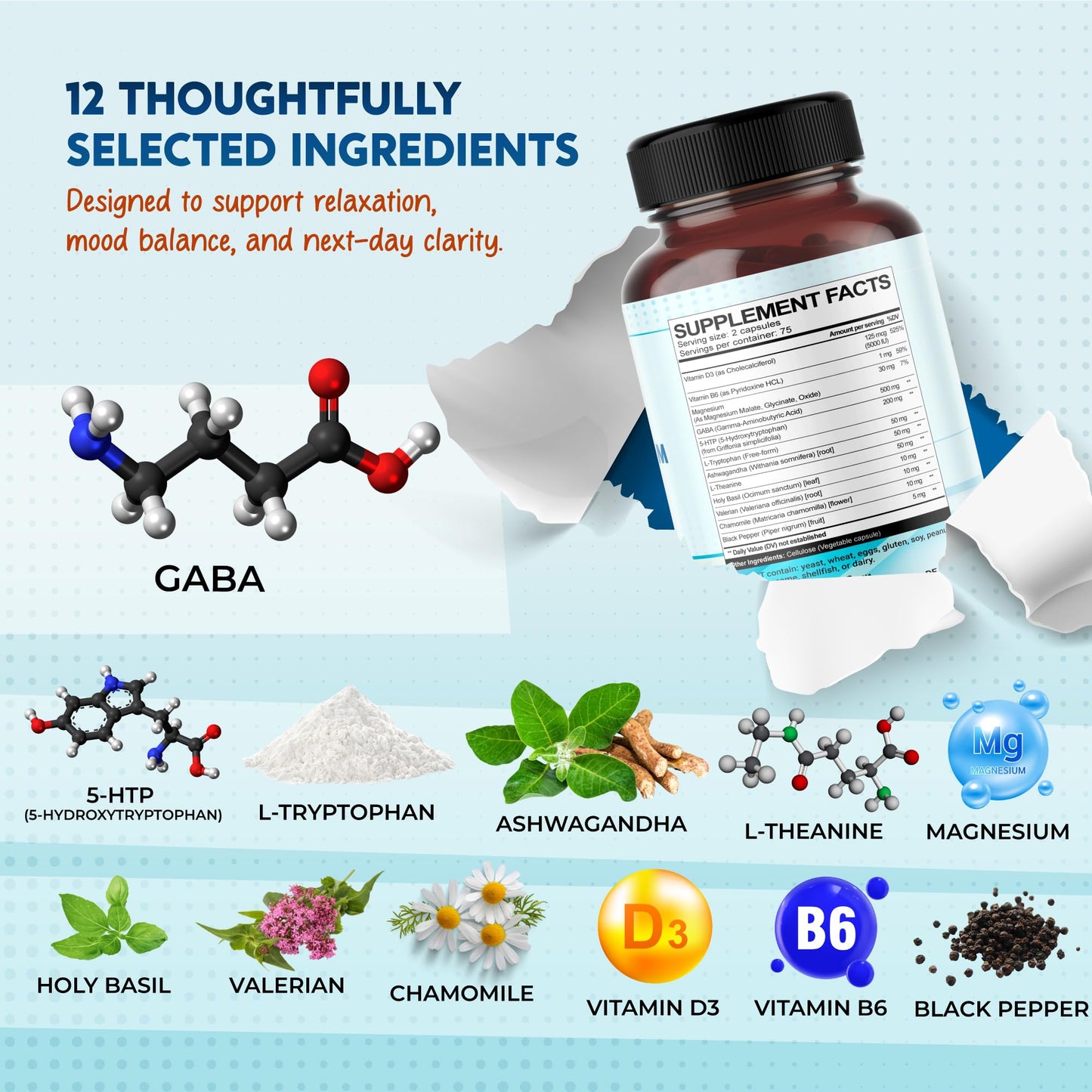 PEAKPURY GABA, 5-HTP L-Tryptophan Ashwagandha Chamomile L-Theanine Magnesium Capsules, 150 Count