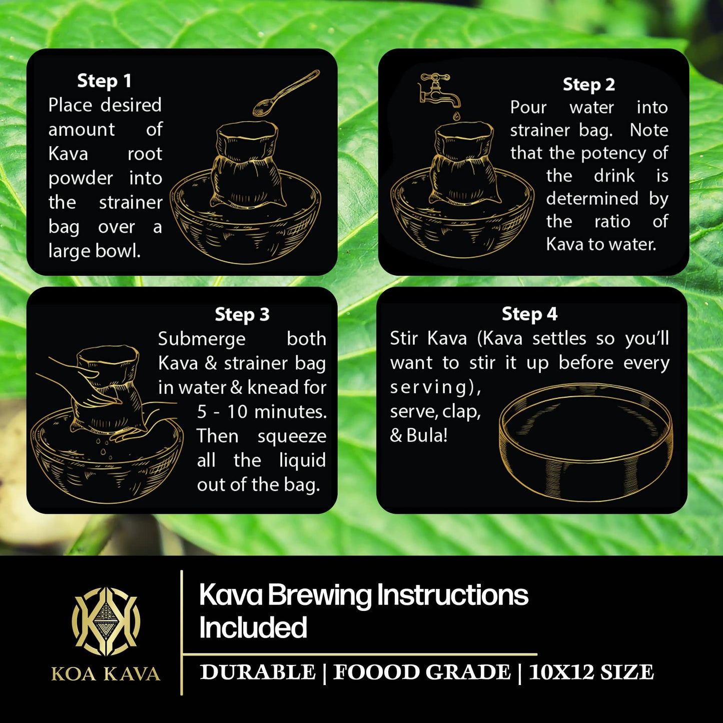Koa Kava Traditional Kava Strainer Bag, Food-Grade Nylon, 100-Micron Mesh, Drawstring, 10 x 12 Inch, Reusable, 1 Count