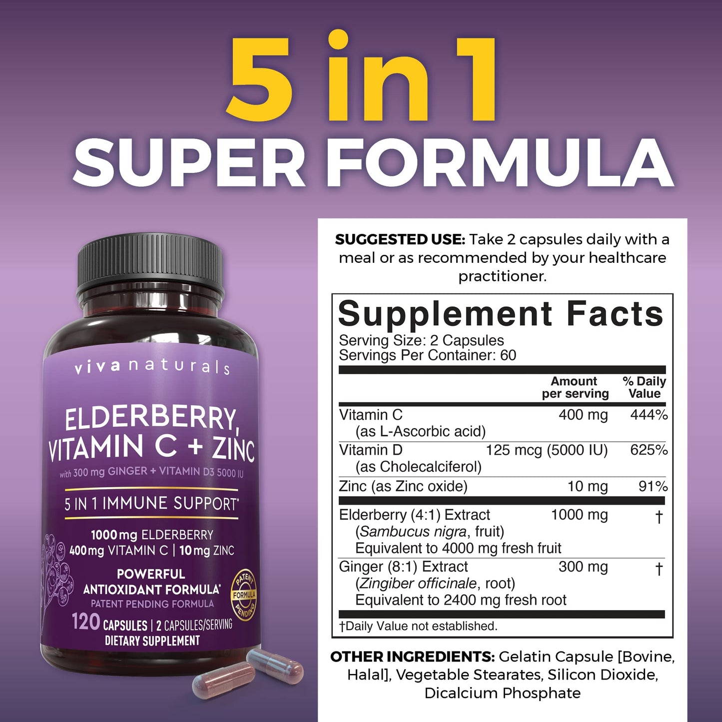 Viva Naturals Elderberry with Vitamin C, Zinc & Vitamin D3 5000 IU Capsules, 120 Count