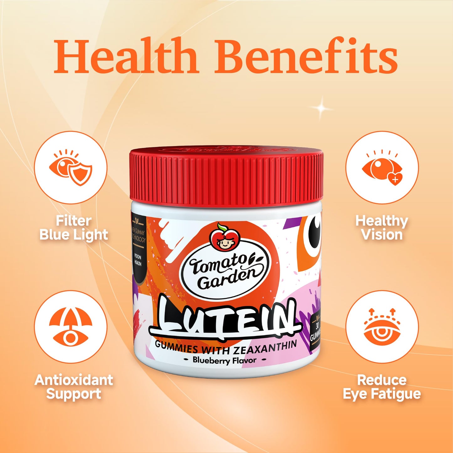 TomatoGarden Lutein Gummies Vision Support with Blue Light Protection, 30 Count