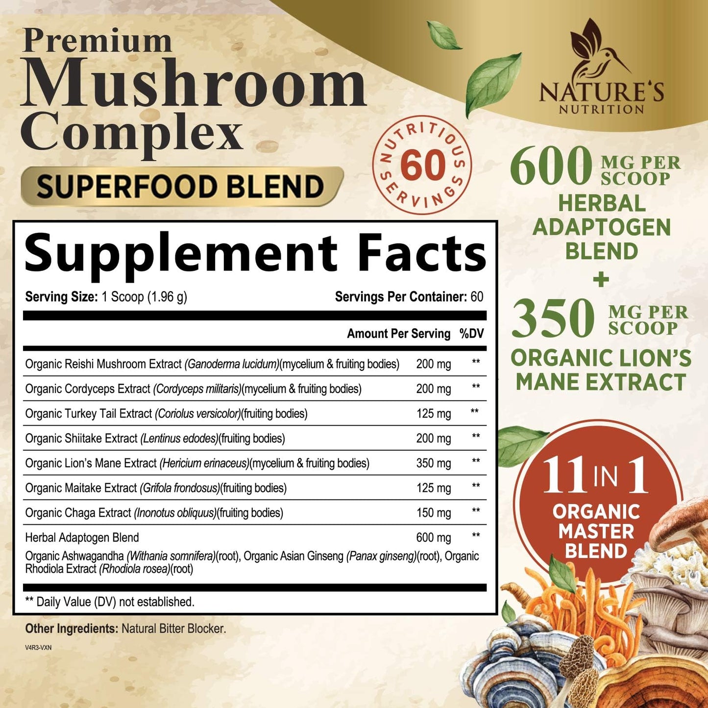 Nature's Nutrition Mushroom Powder Supplement - 11-in-1 Blend - Organic Lions Mane, Reishi, Cordyceps, Chaga, Turkey Tail Mushroom Extract Powder - Brain & Immune Support, 60 Servings