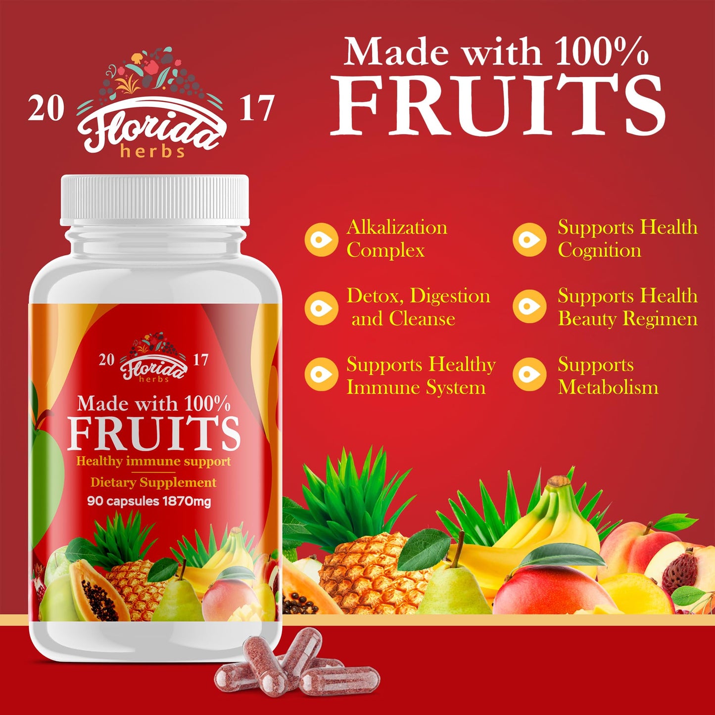 FLORIDA HERBS Fruits and Vegetables Supplement Capsules 90 Count