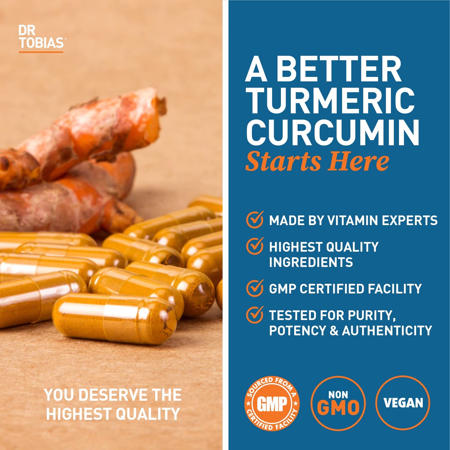 Dr. Tobias Turmeric Curcumin 1500mg with BioPerine Extra Strength Supplement with 95% Curcuminoids for Joint Support, Overall Vitality & Immune Health, 120 Capsules