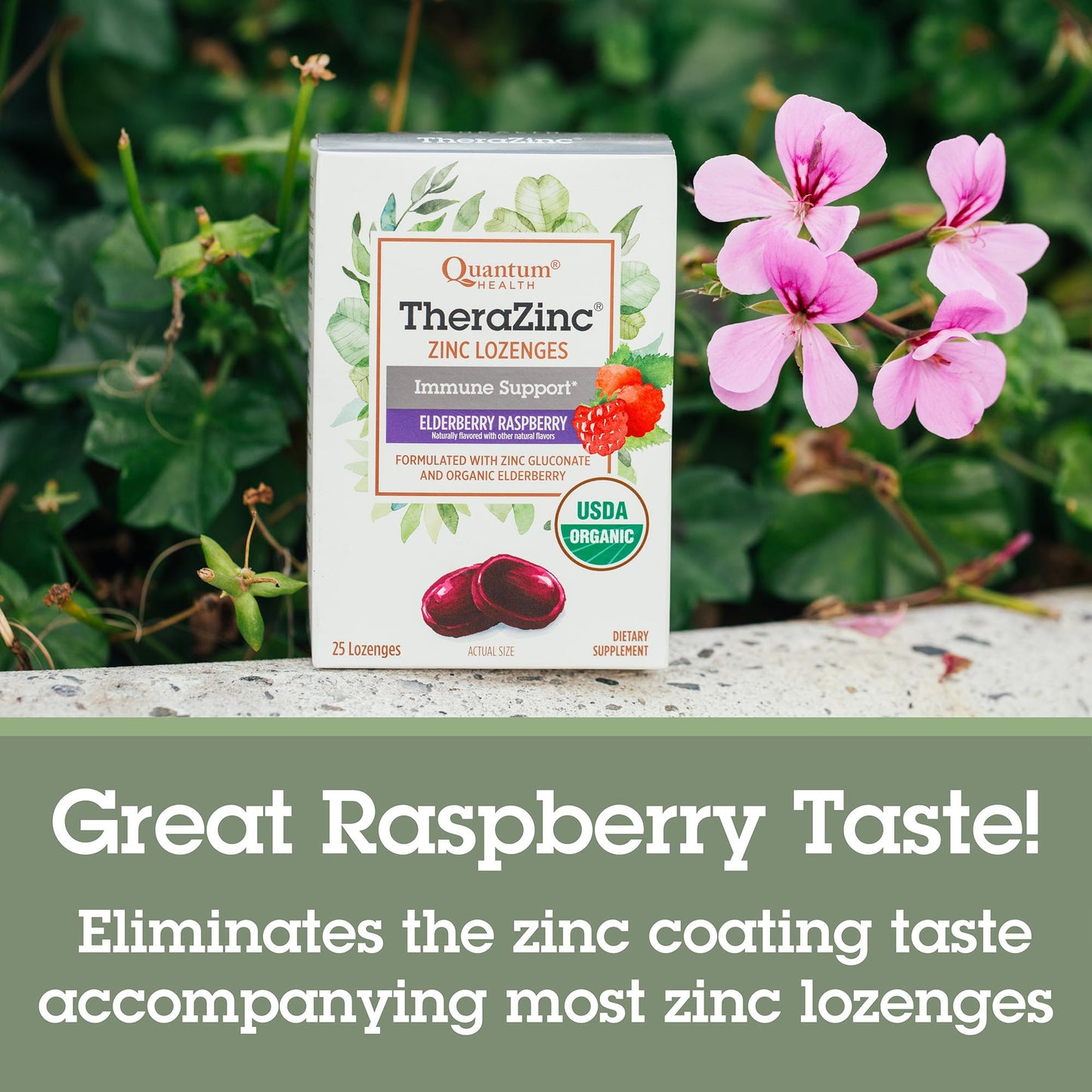 Quantum TheraZinc Organic Zinc Lozenges with Elderberry & Honey, 25 Lozenges