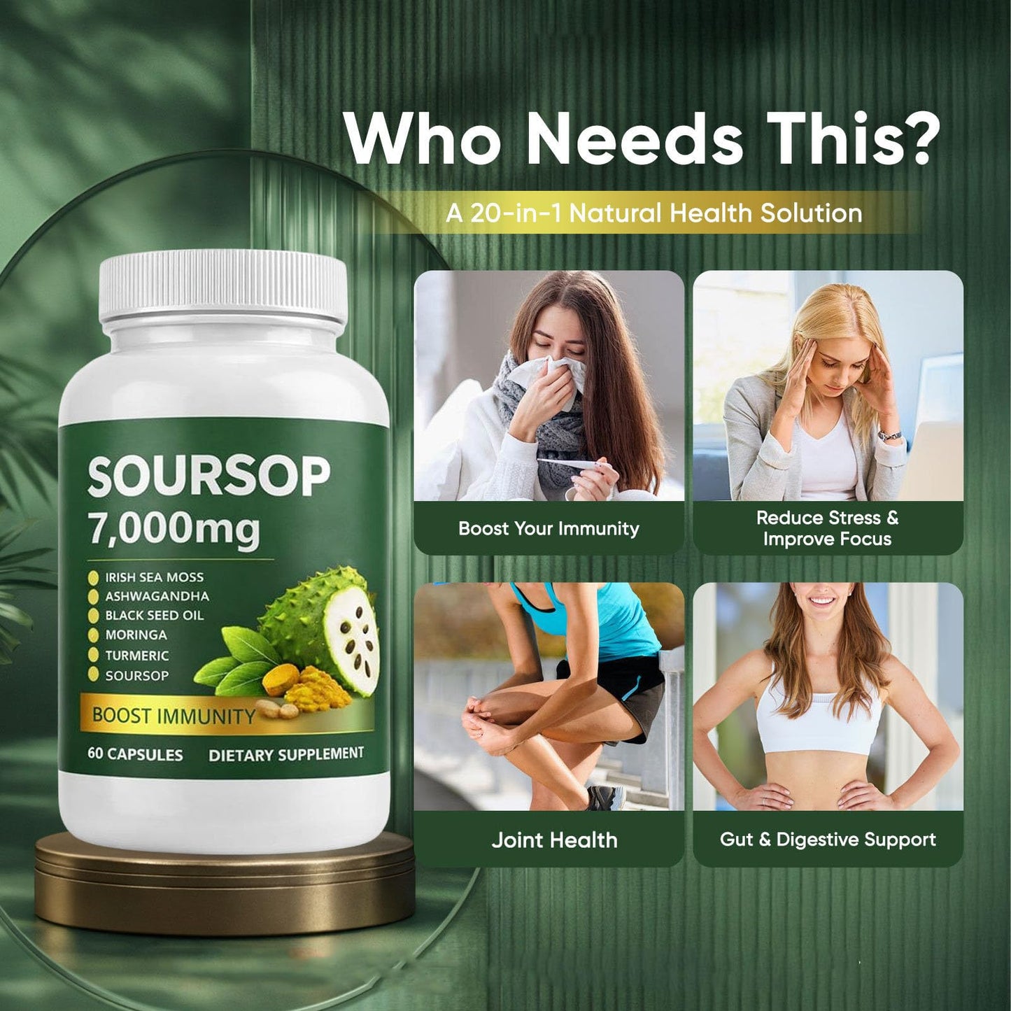 Jfsyb Soursop Capsules with Sea Moss, Moringa, Turmeric Oil, Black Seed Oil, Oregano, 1 Count