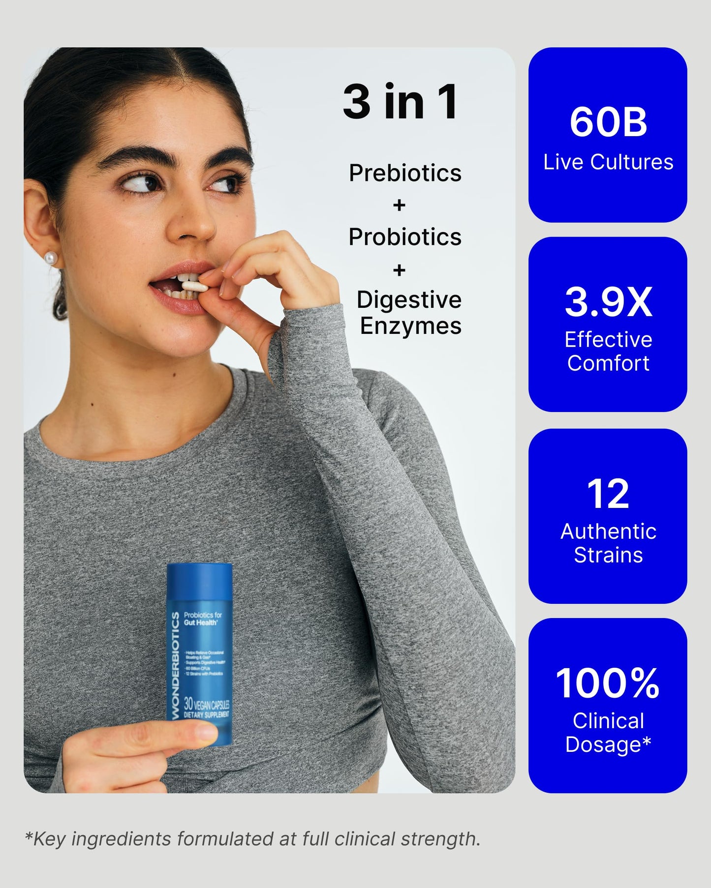 WonderBiotics 3-in-1 Gut Health Probiotics with Digestive Enzymes, 60 Billion CFU, 12 Clinically Studied Strains & Prebiotics, Bloating & Gas Support, Regularity, 30 Capsules
