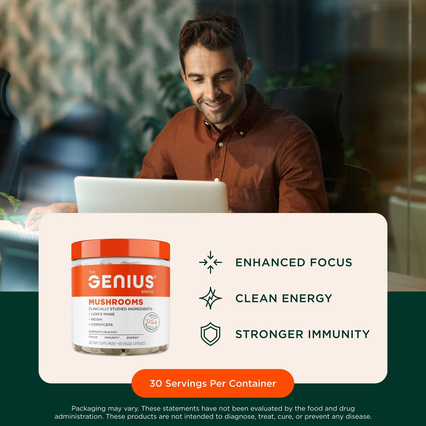 The Genius Brand Caffeine Pills + Mushroom Plant-Based Supplement (Alert Concentration) Capsule 190 Count