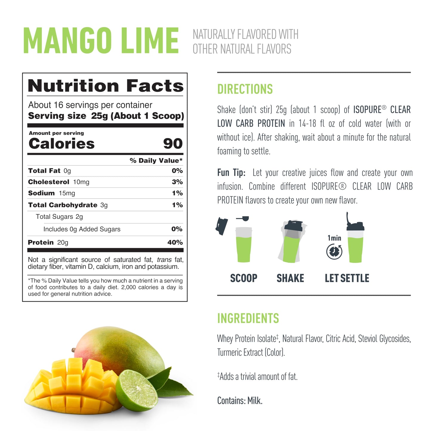 Isopure Clear Whey Isolate Protein Powder, Mango Lime, Lactose Free, Gluten Free, 14.1 oz, 16 Servings