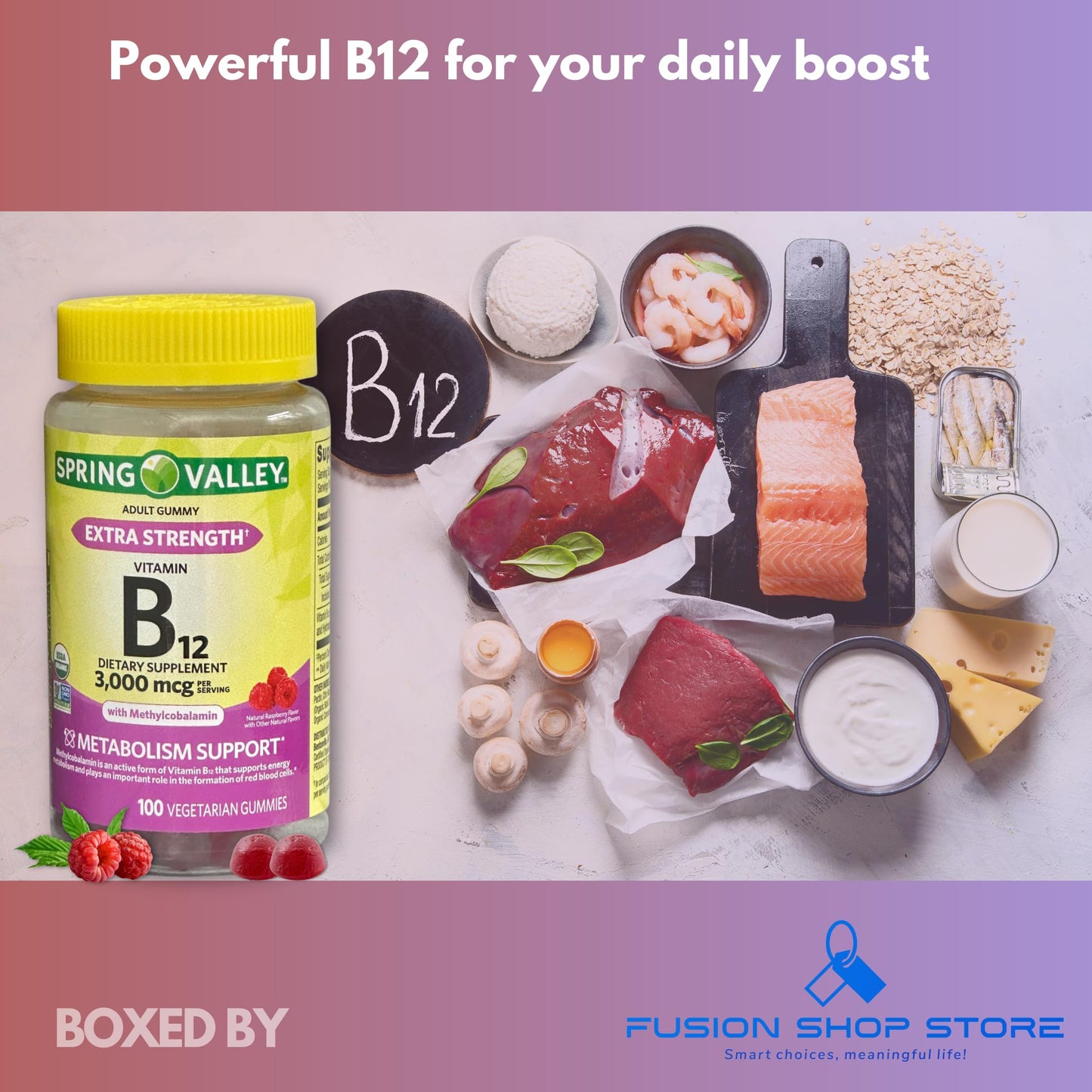 Fusion Shop Store Vitamin B12 Gummies 3,000 mcg Extra Strength, 100 Count