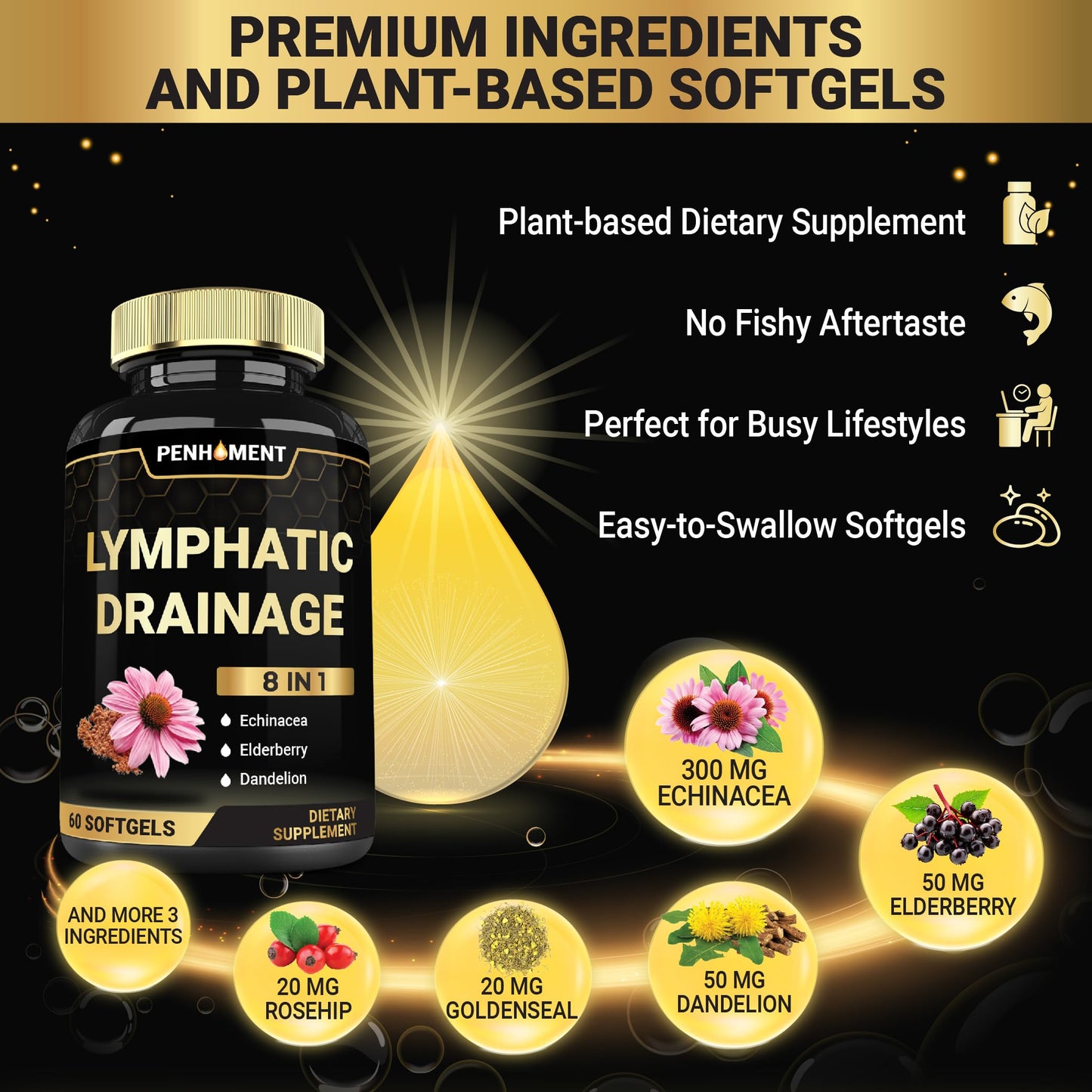 Penhoment 500 mg Lymphatic Drainage Softgels, 60 Count