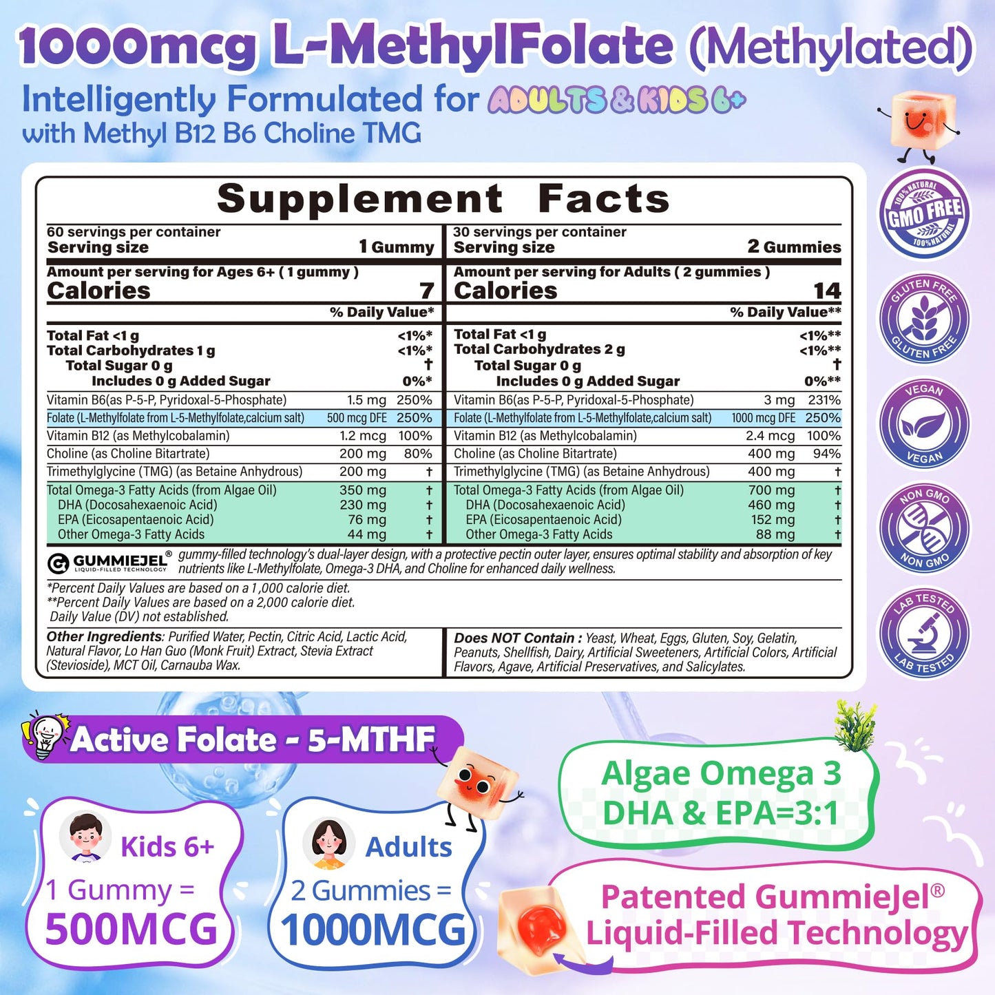 Nextdia L-Methylfolate 1000mcg Methyl B12 + Omega-3 for Kids & Adults, 60 Gummies