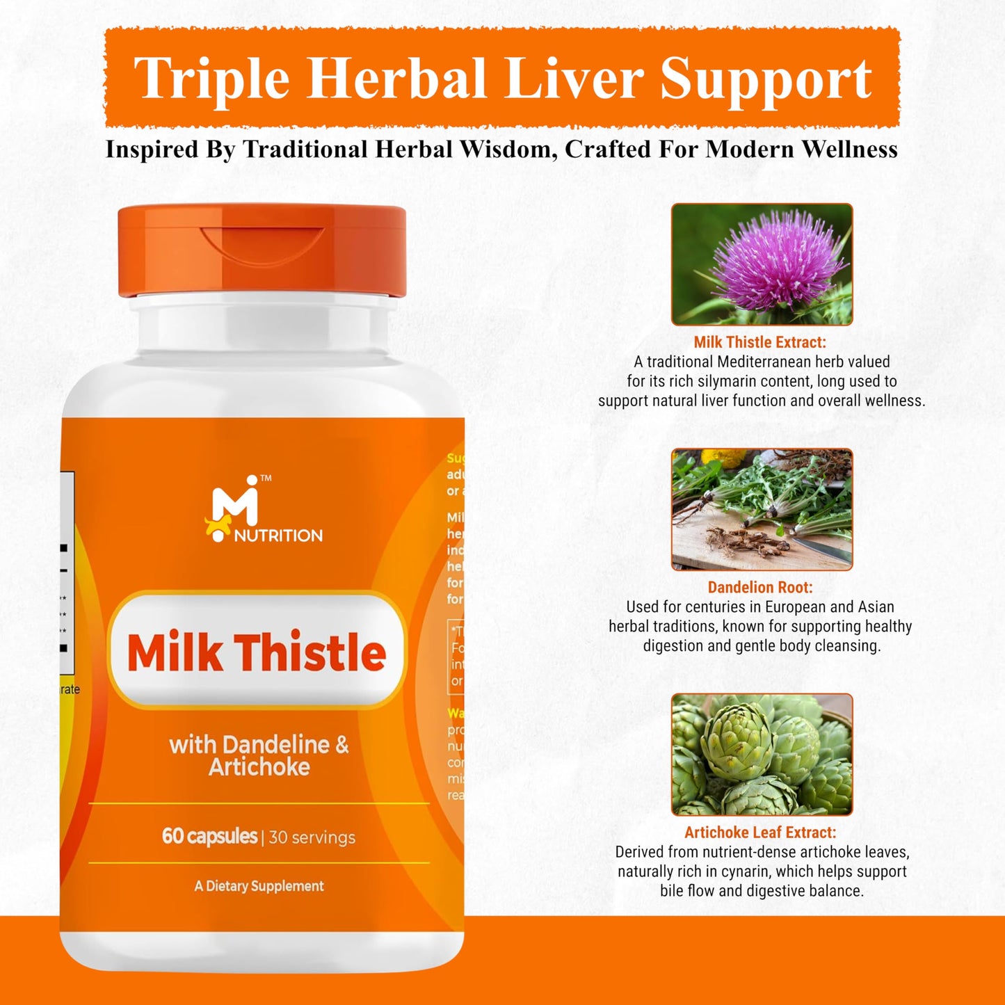 M NUTRITION Milk Thistle Liver Support Supplement 20:1 Extract with Dandelion Root & Artichoke Leaf Capsules, 60 Capsules
