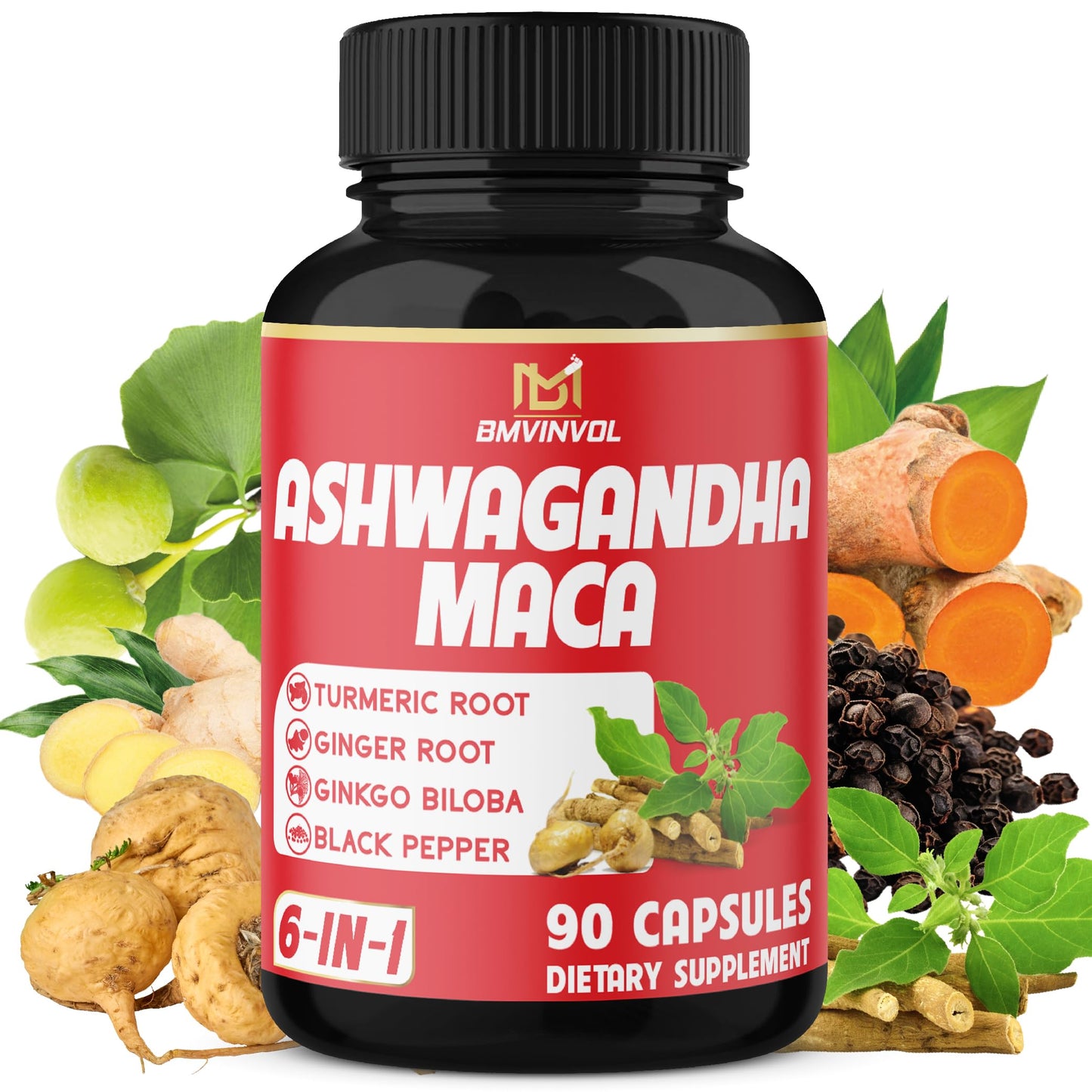 BMVINVOL Ashwagandha Maca Root with Turmeric, Ginger, Ginkgo Biloba, Black Pepper Capsules, 90 Count
