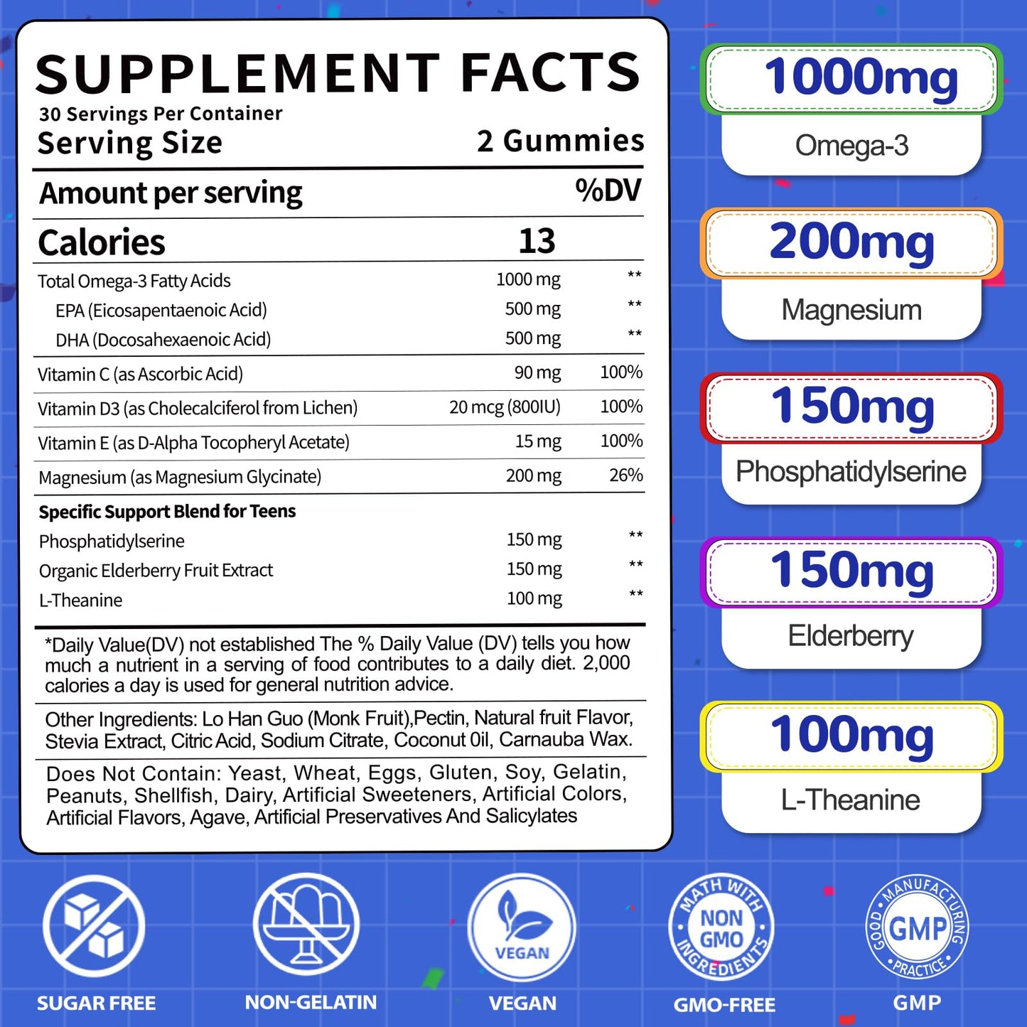 Fajeckma Omega-3 1000mg Gummies for Teens, Vegan Algae EPA/DHA, Vitamin D3, Magnesium & Elderberry, 120 Gummies