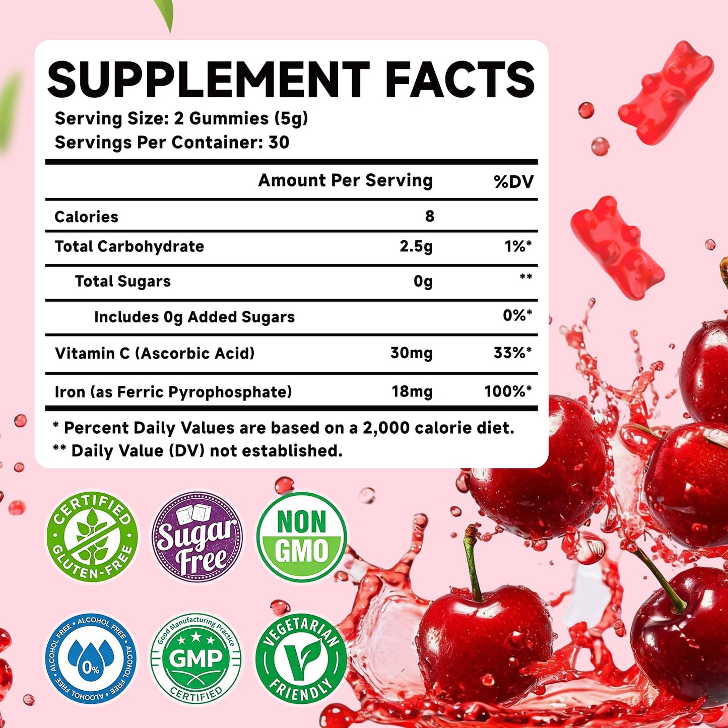 MOORGUMY Iron Gummies with Vitamin C, High Absorption 18mg Iron, Cherry Flavor, 60 Count