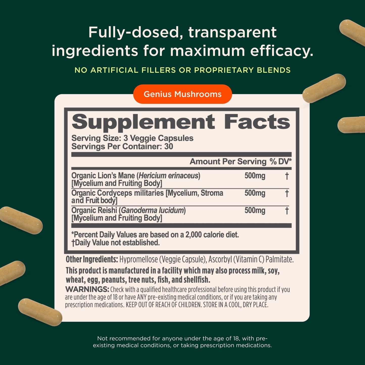 The Genius Brand Caffeine Pills + Mushroom Plant-Based Supplement (Alert Concentration) Capsule 190 Count